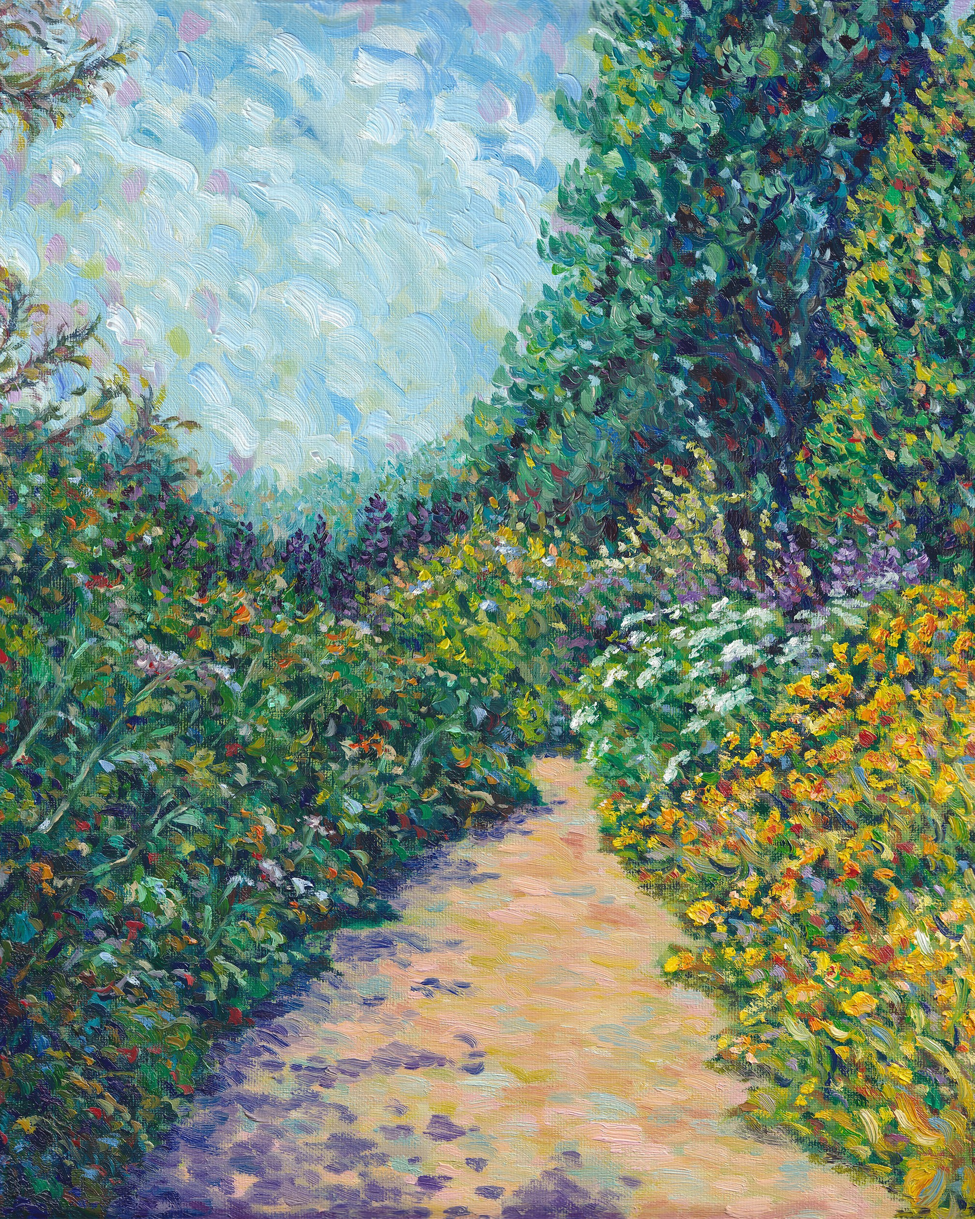 Impressionist-style painting featuring a yellow vase filled with small white flowers, placed on a stone fireplace. An apple sits next to the vase, and a colorful framed picture is visible in the background. The painting has a textured brushstroke technique with vibrant, warm colors.