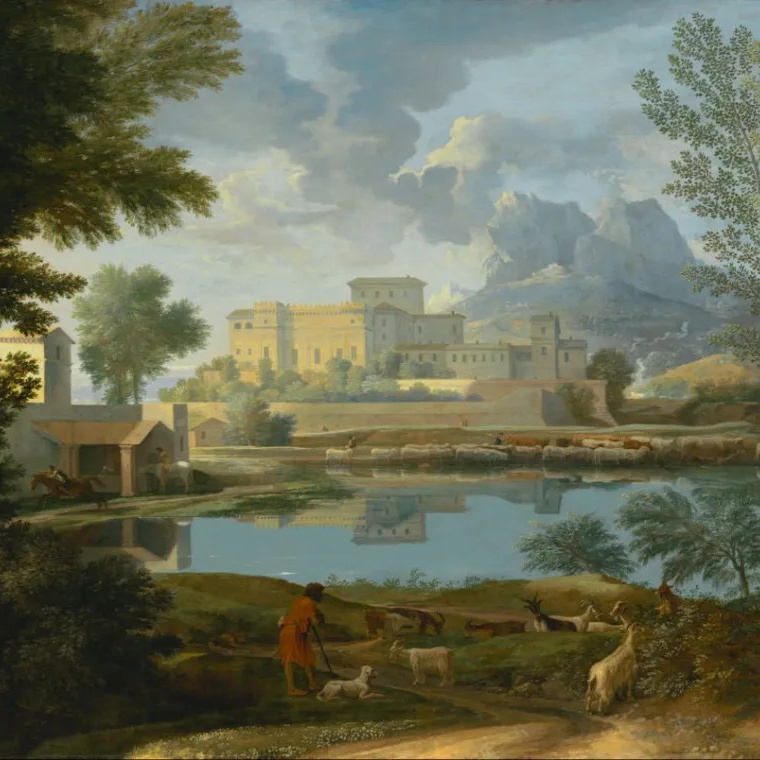 This artwork is Landscape with a Calm (French: Un temps calme et serein), an oil painting created between 1650 and 1651 by the French Baroque artist Nicolas Poussin