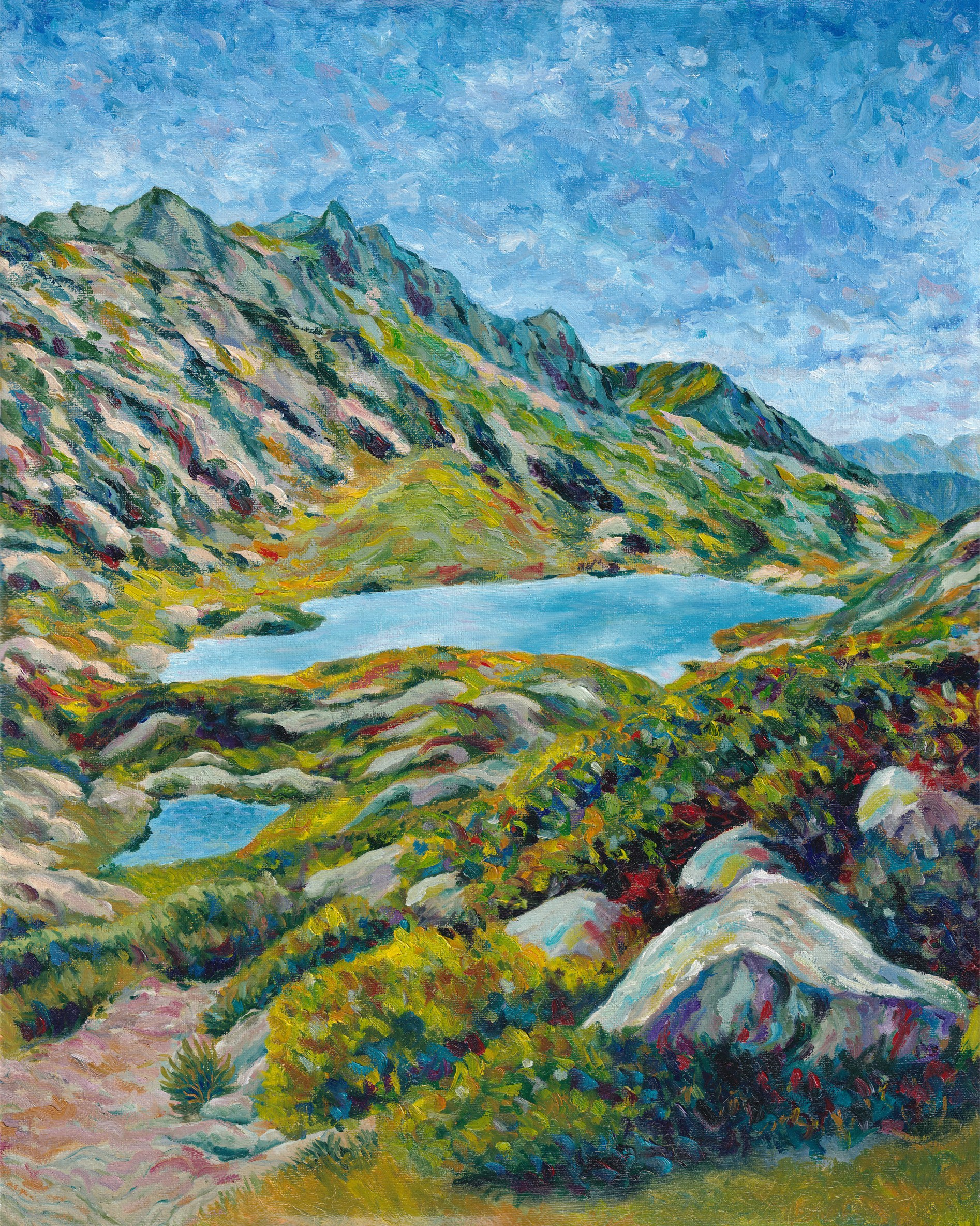 Impressionist-style painting featuring a yellow vase filled with small white flowers, placed on a stone fireplace. An apple sits next to the vase, and a colorful framed picture is visible in the background. The painting has a textured brushstroke technique with vibrant, warm colors.