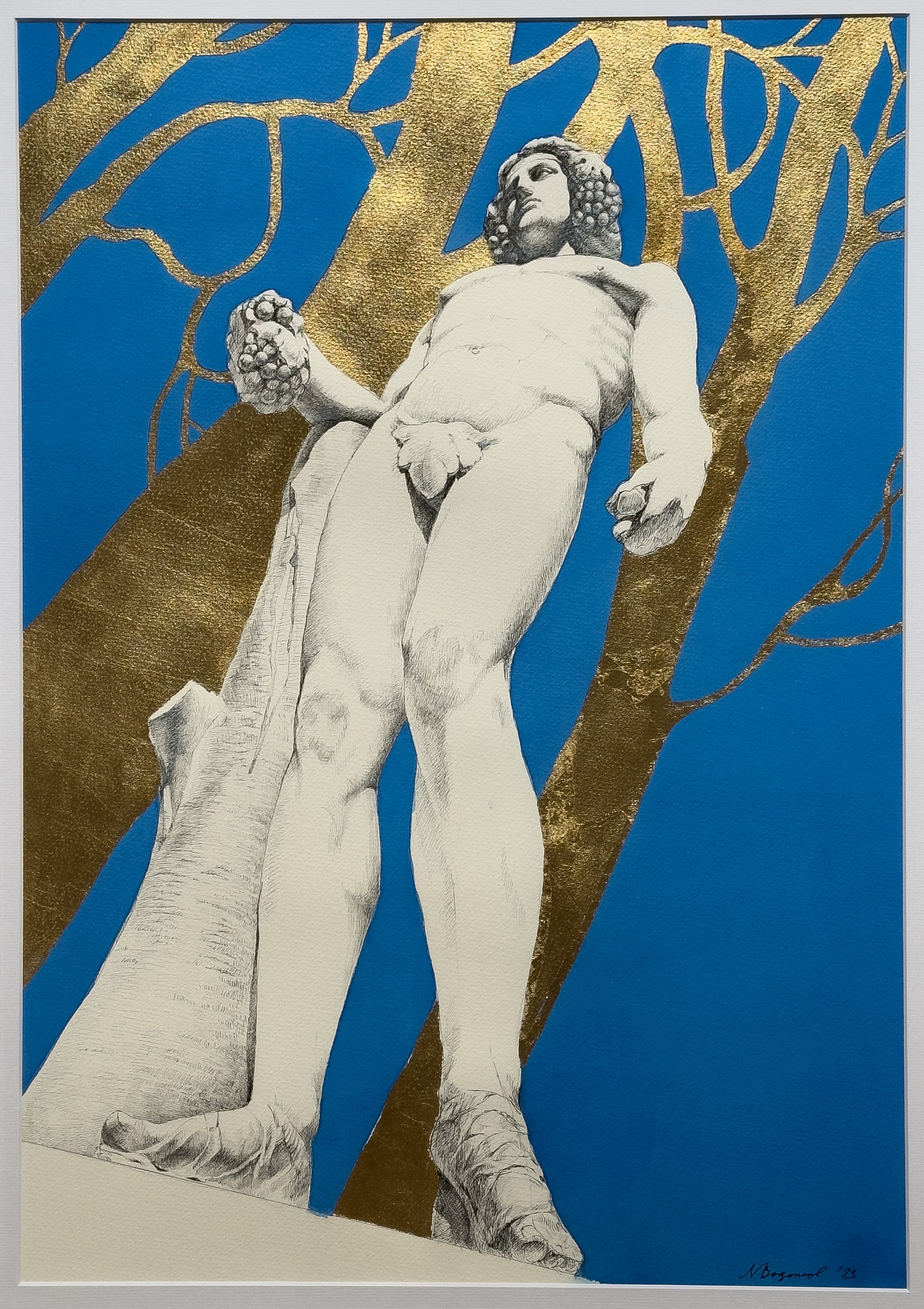 Obra de arte en venta: Técnica mixta de acuarela, tinta china y hoja de oro representando una estatua de Versalles