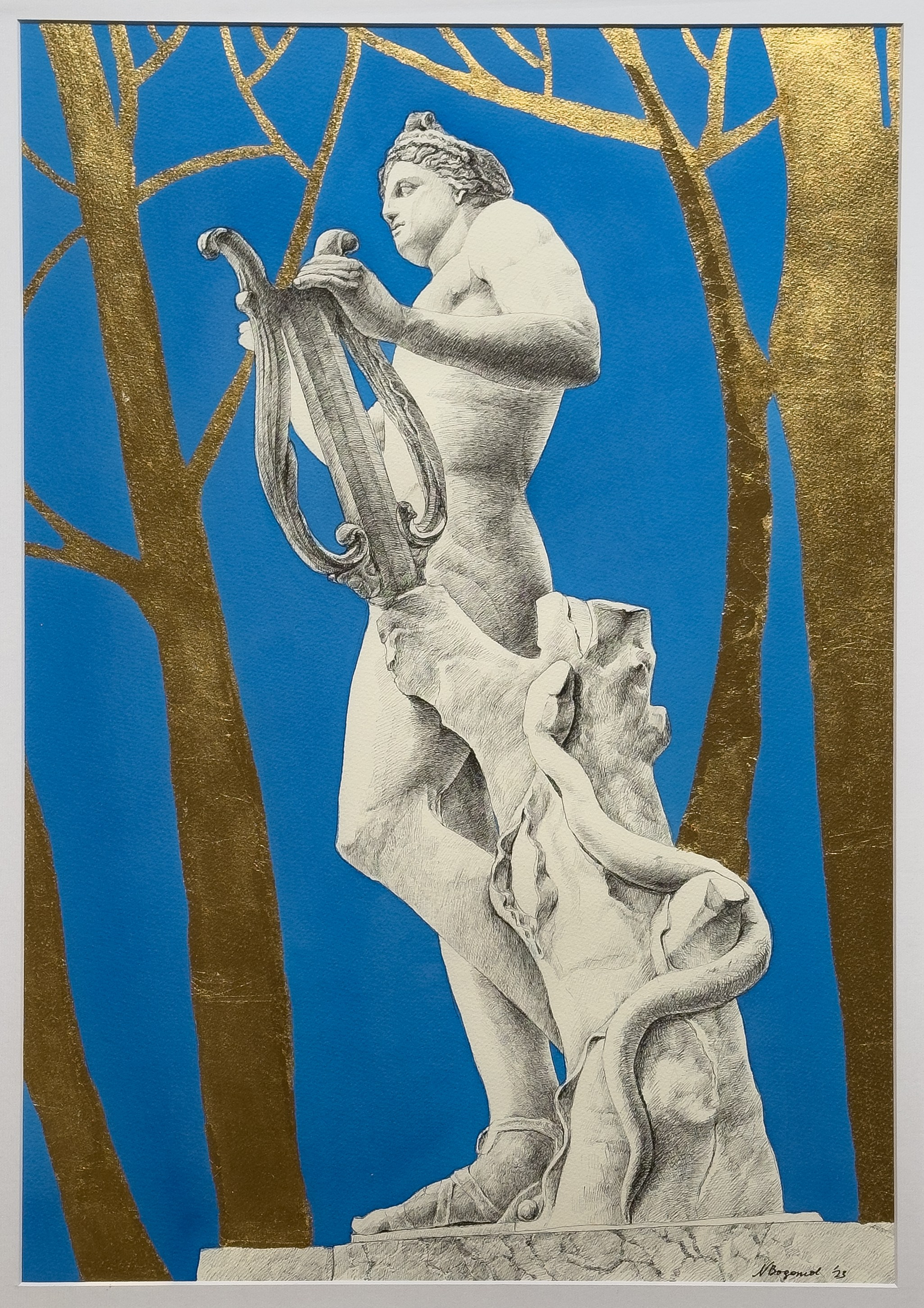 Obra de arte en venta: Técnica mixta de acuarela, tinta china y hoja de oro representando una estatua de Versalles