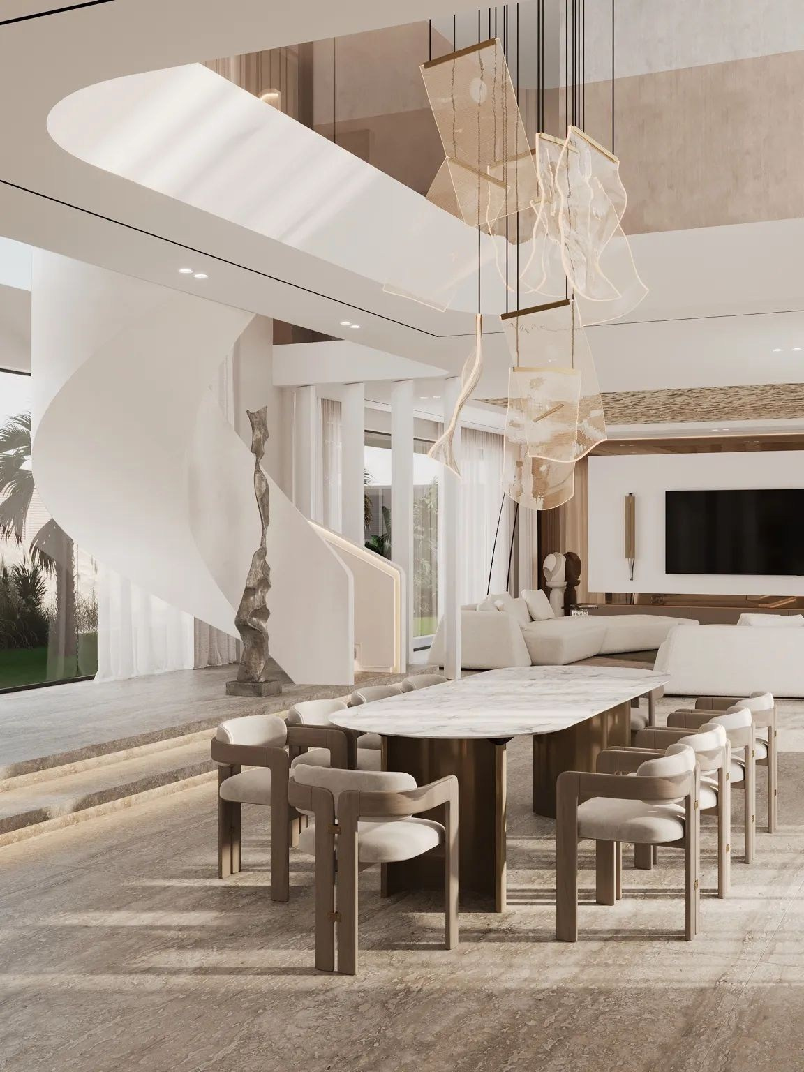 Luxury modern villa exterior in Dubai with pool, palm trees, and minimalist architecture — designed by Alena Bulataya Studio.