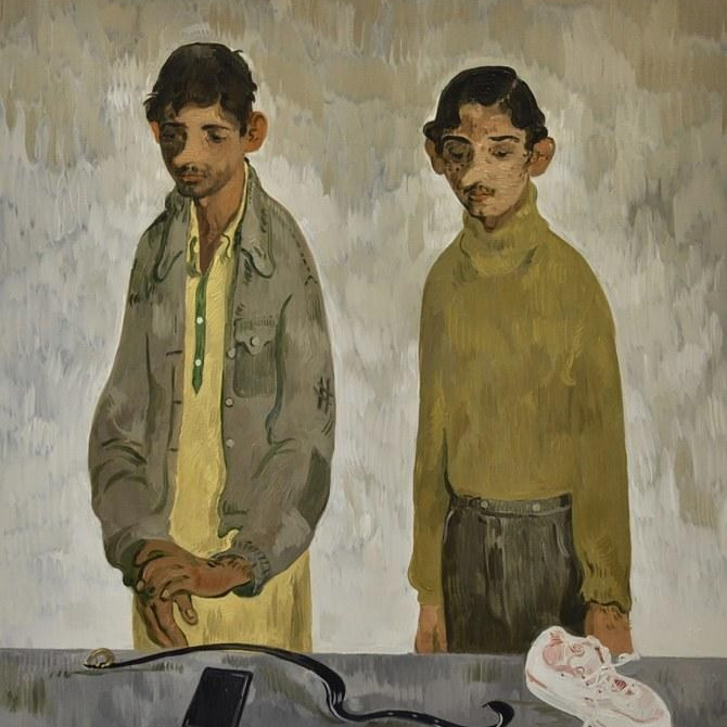 titled "Immigration Men" (2019) by Salman Toor. Две фигуры мужчин, смартфон и змея на столе. Современная фигуративная живопись, психологический портрет, мягкая цветовая палитра.