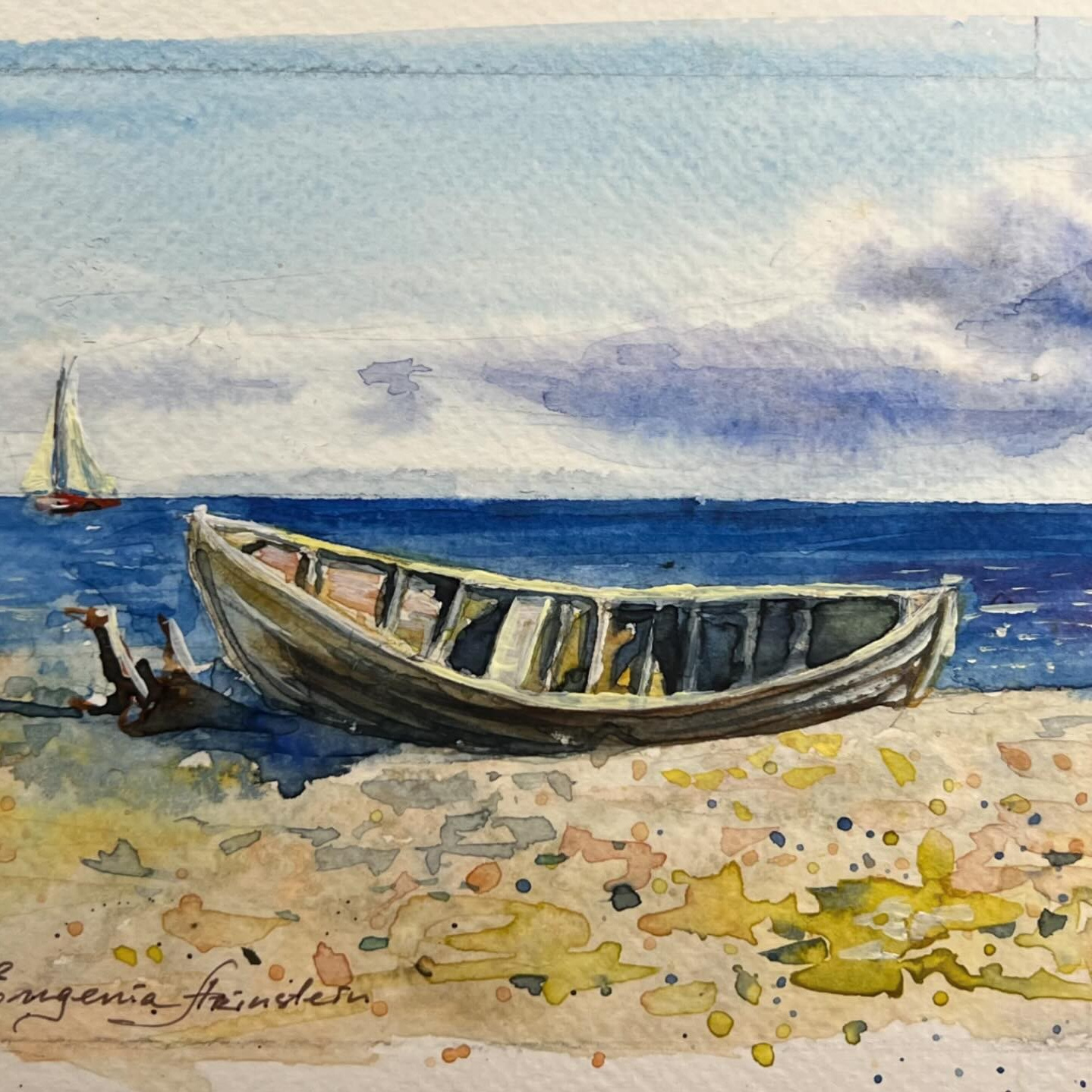 Havsmotiv i akvarellmålning. Eugenia Arinstein — konstnär som skapar handgjord måleri och illustration med känsla, färg och närvaro. Verksam i Nynäshamn