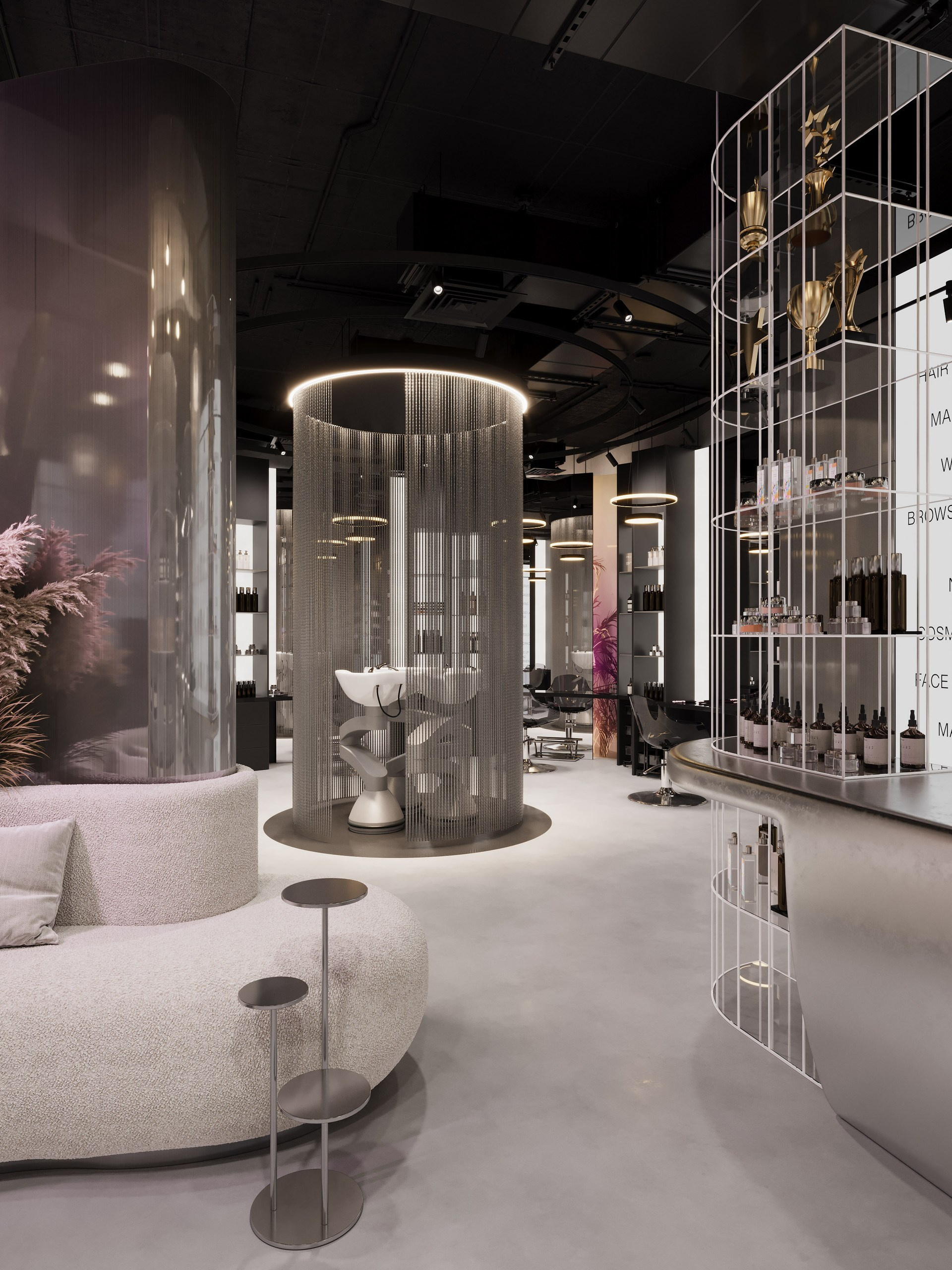 Contemporary salon interior in Dubai featuring sculptural mirrors, neutral palette, and refined lighting design by Alena Bulataya Buro.