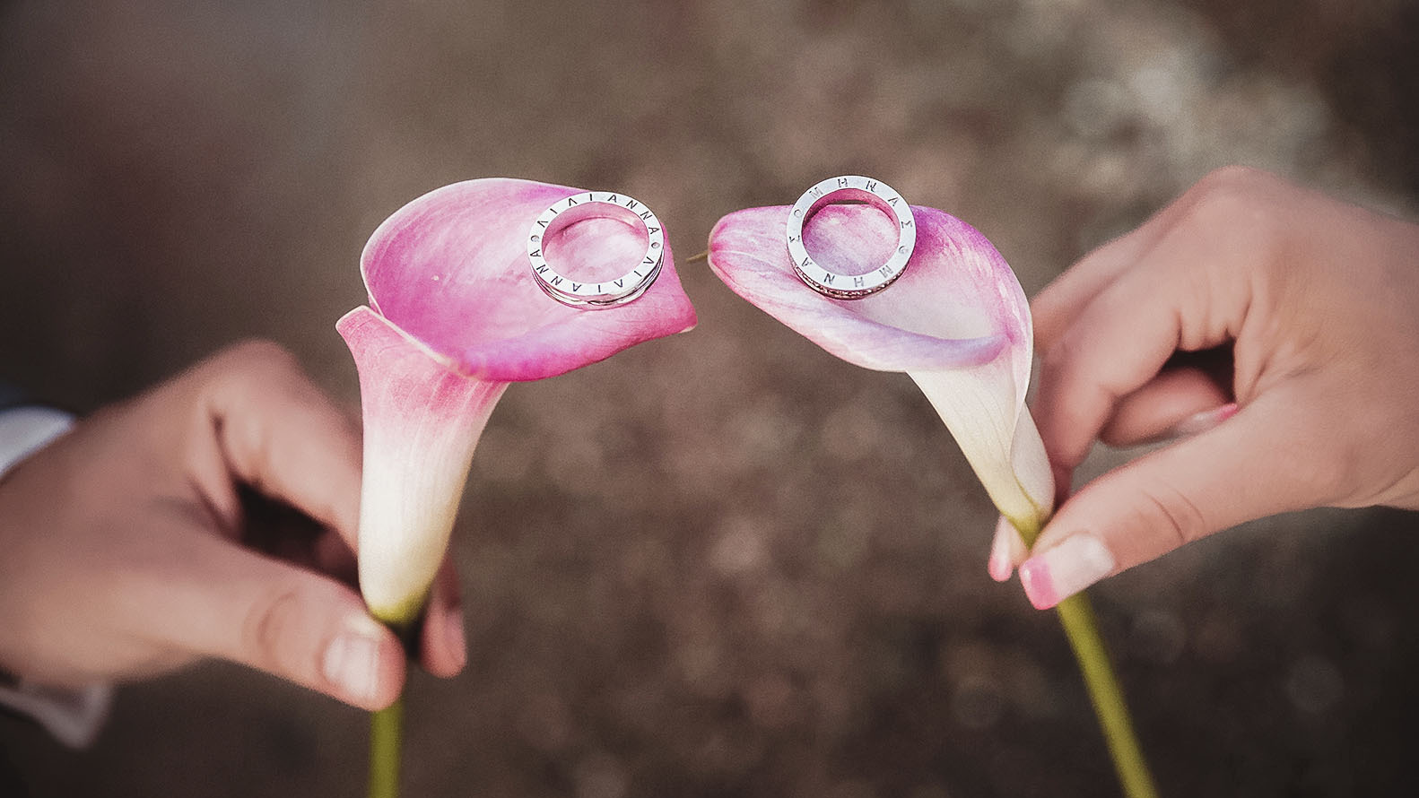 Кольца обручальные на цветочках в руках молодоженов на Санторини. Фотограф, свадьба в Греции.