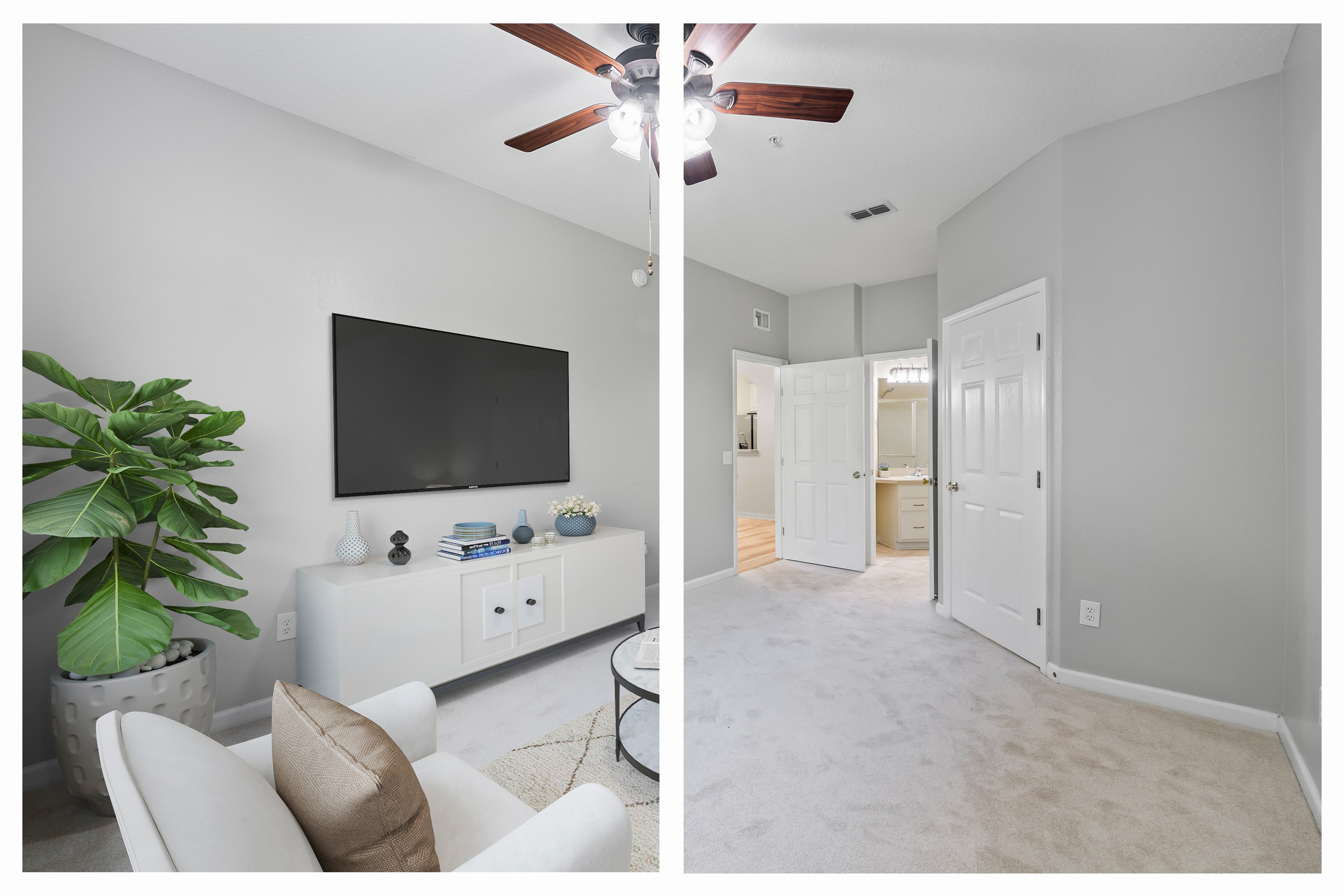 Before and after virtual staging of living room interior