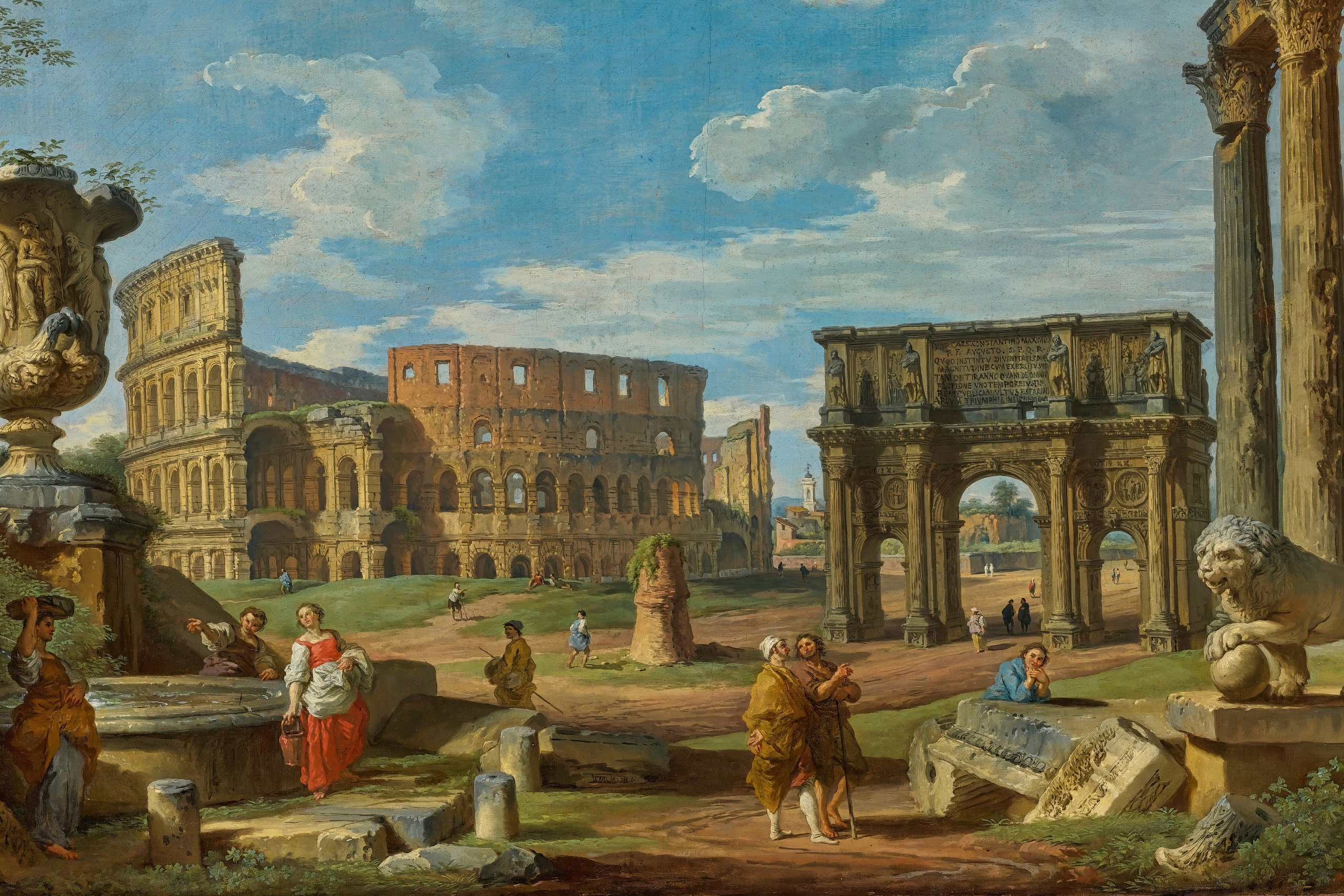 Rome Italy – Colosseum & Monuments by Gian Paolo Panini – A picturesque painting capturing the Colosseum and Roman monuments, artwork by Gian Paolo Panini.