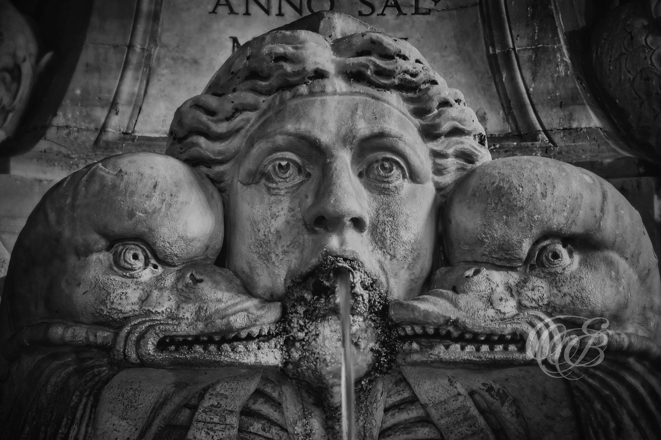 Rome, Italy – Black and white image of the fountain sculpture in front of the Pantheon – Eduardo Bartoli Fine Art Photography – Detailed Baroque sculpture with the Pantheon in the background, captured in dramatic monochrome.