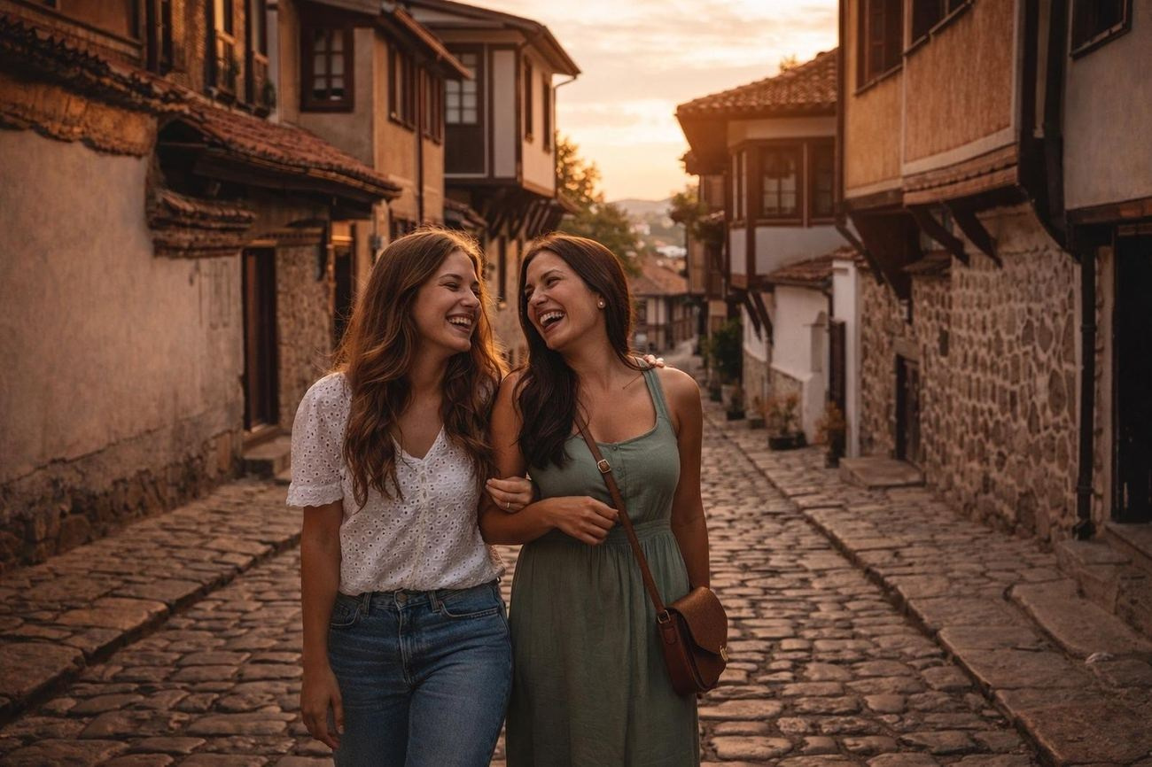 two friends in Plovdiv Old Town