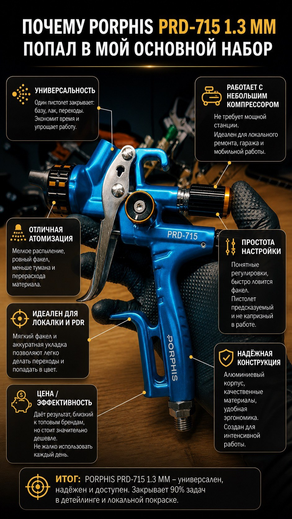 PORPHIS PRD-715 1.3 мм — обзор краскопульта для лака и детейлинга. Мастер Детейлинга / Автосервис / Ремонт Кузова PDR / Кишинёв