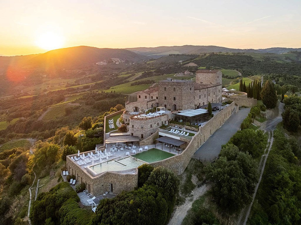 Medieval castle wedding venue Castello di Velona, Brunello vineyards, Val d'Orcia Italy