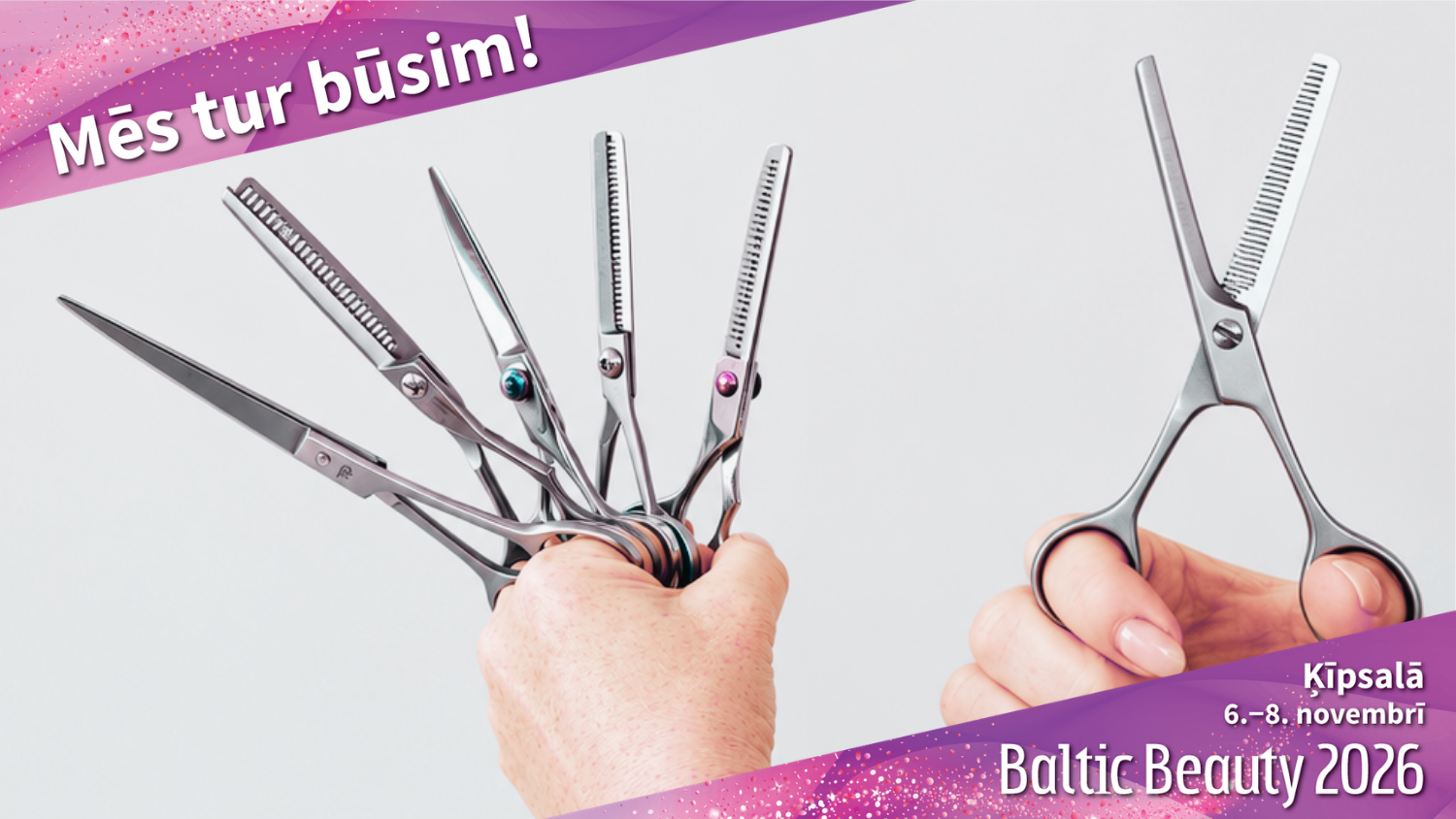 Акция 5+1 на Baltic Beauty 2026: профессиональные парикмахерские ножницы в руках на фоне оформления выставки