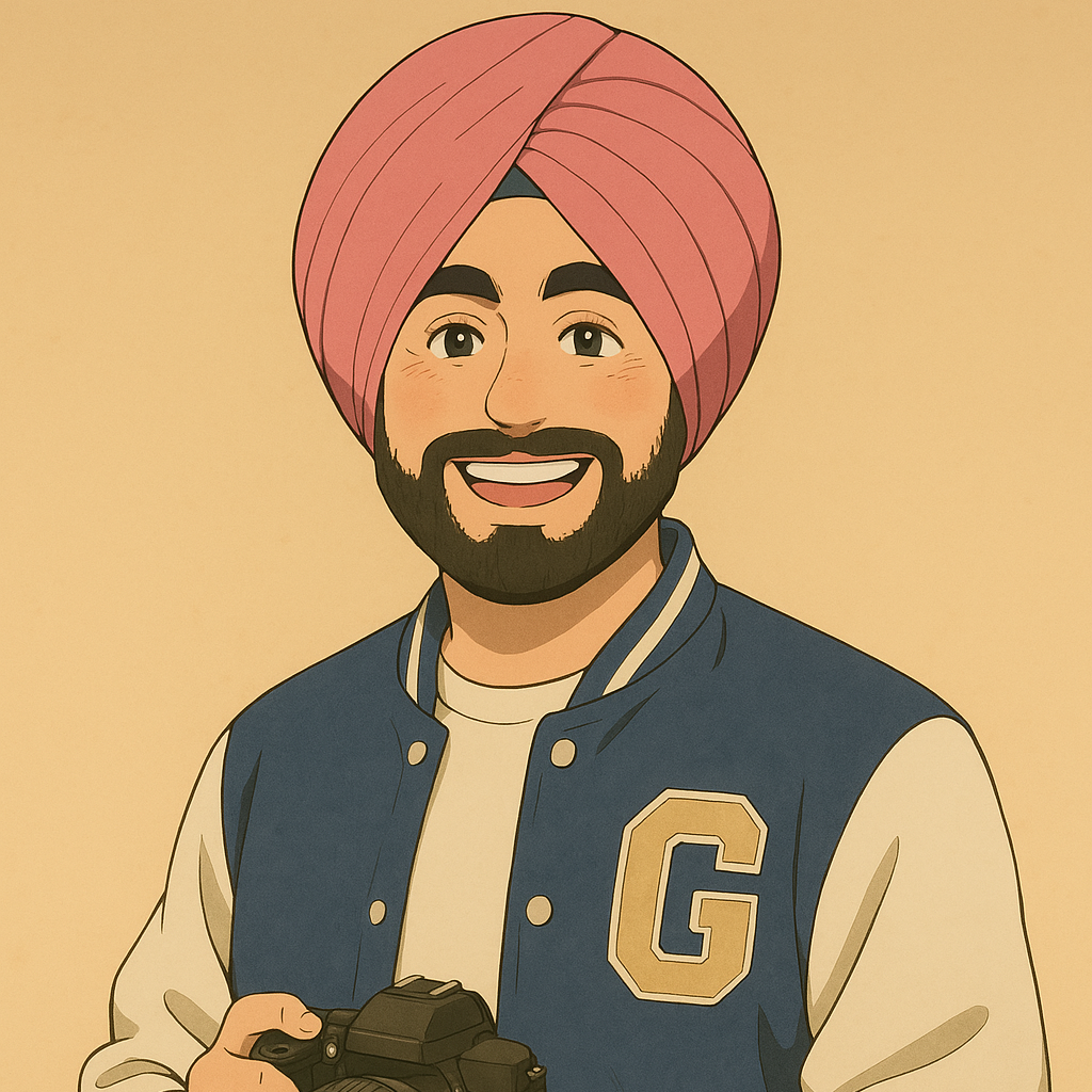 Illustrated avatar of wedding photographer Samar from Antevasi Studios wearing pink turban and varsity jacket