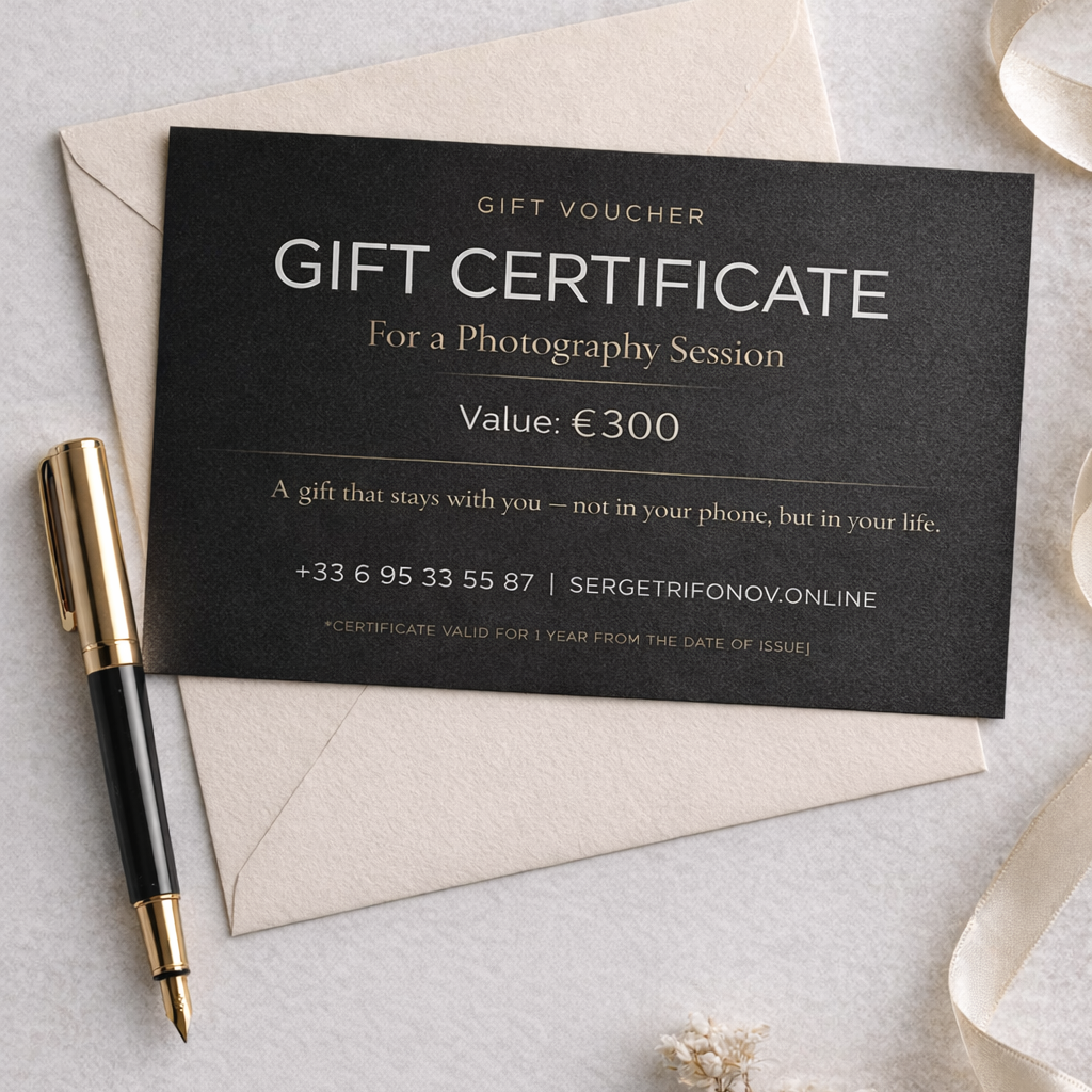 Подарочный сертификат на фотосессию 200 € в Вильнюсе с конвертом