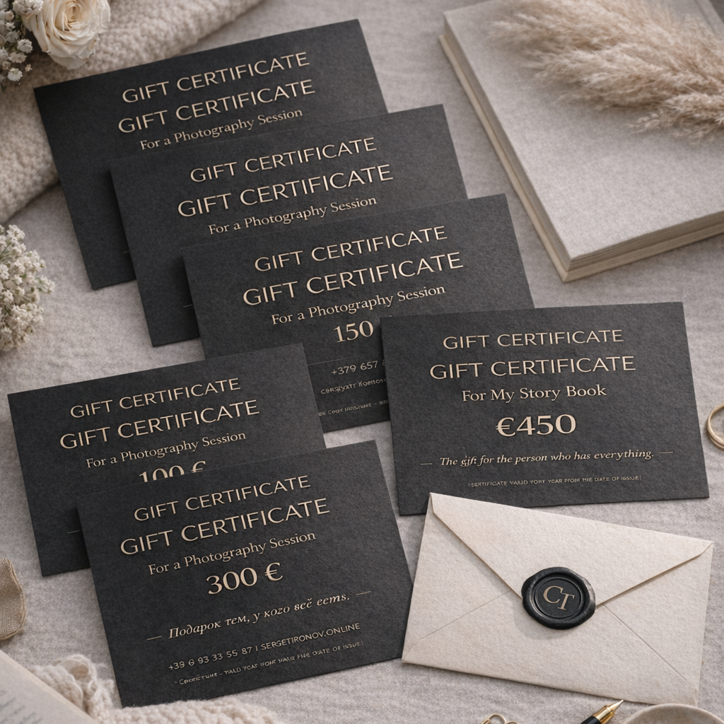 Подарочный сертификат на фотосессию 300 € в Вильнюсе с конвертом