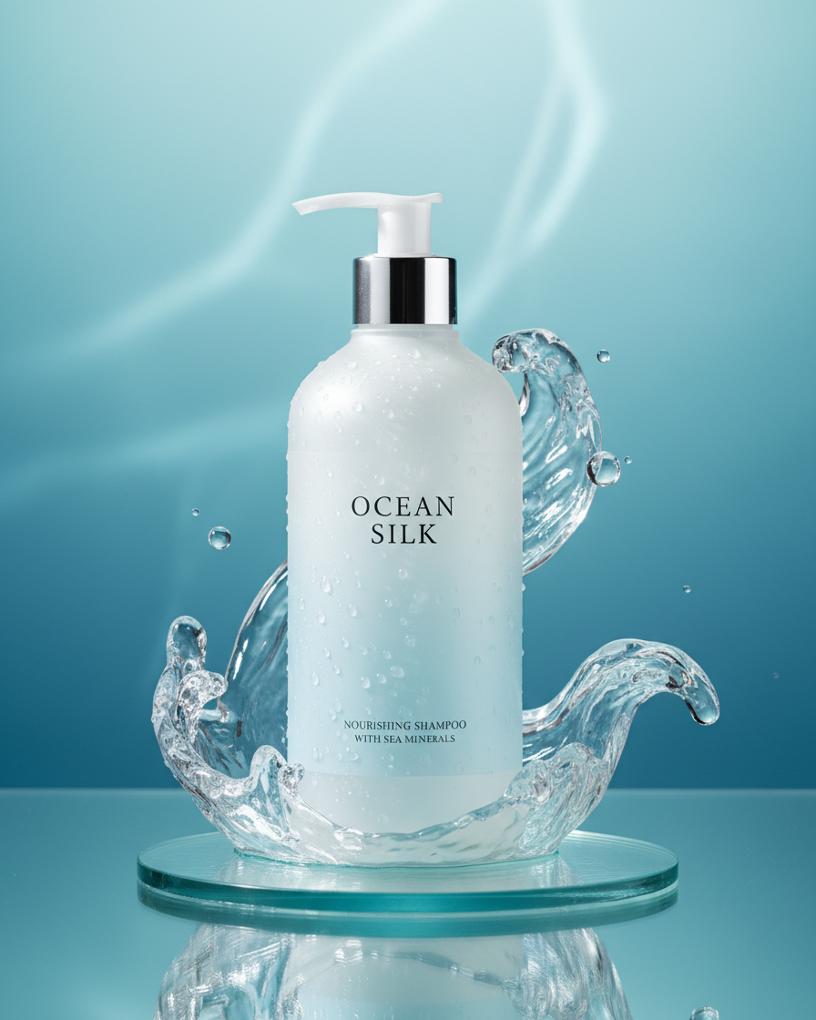 AI-created cosmetic product shot with dynamic water splash elements in a blue setting