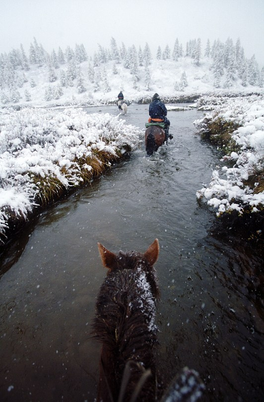 Crossing the riverbed, Ulaan Taiga Mountains. Khovsgol Province. September 2013