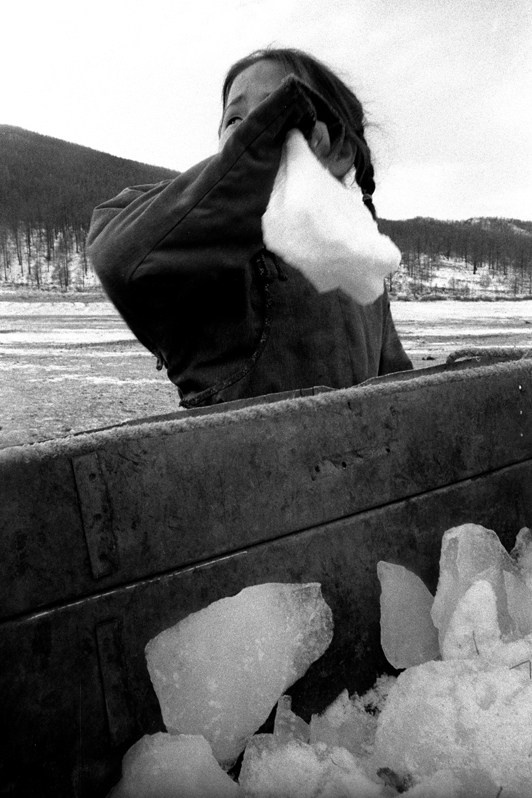 Куски льда для баранины, между Горхи-Тэрэлж и Булагом, Монголия. Январь 2002