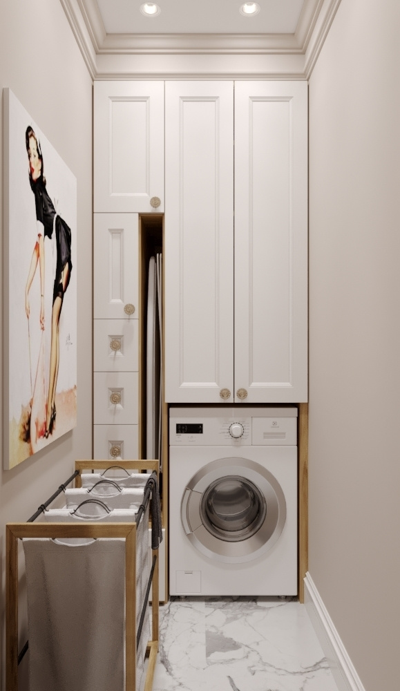 Стиральная машина встроенная в шкаф. Постирочная прачечная комната в маленькой квартире идеи дизайна.