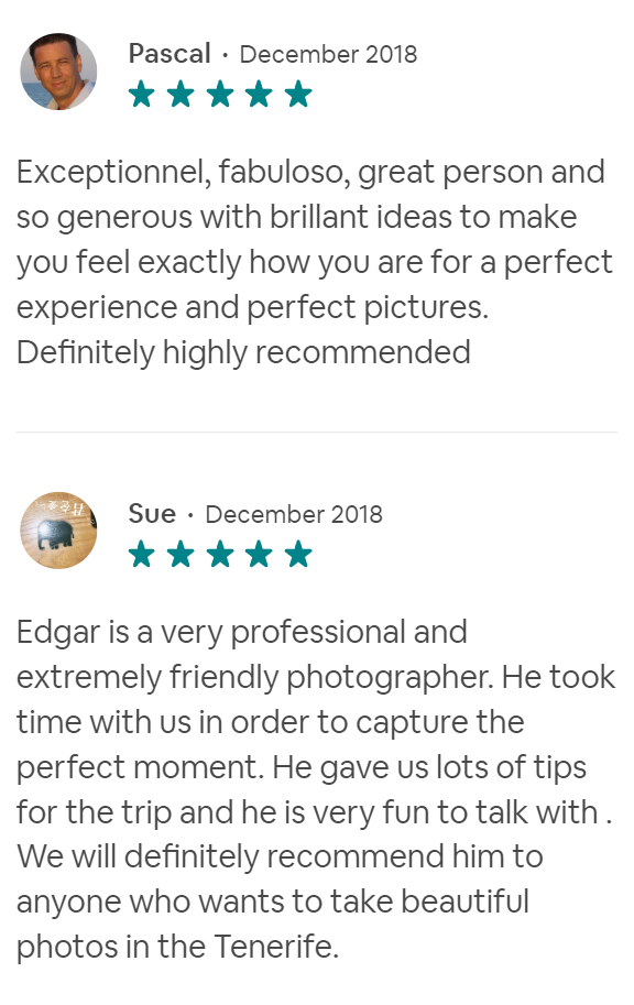 Reviews. Photographer Tenerife Edgar Zubarev