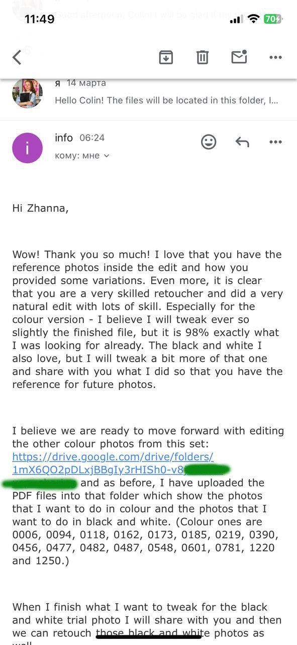 Photo retouching client review praising natural skin retouching, color correction, image enhancement, and professional photo editing services by Colorify Retouch.