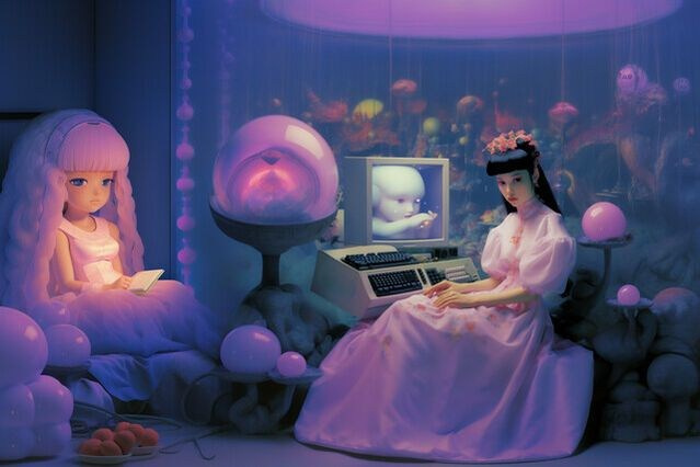 Киберпанк-портрет в стиле Эми Кусано: неоновая палитра, ретрофутуризм 1980-х, женская фигура в техно-моде, цифровые артефакты и глич-текстуры.