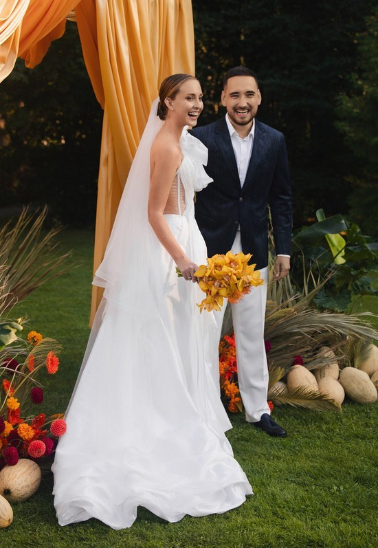 Cinematic wedding portrait with contemporary mood