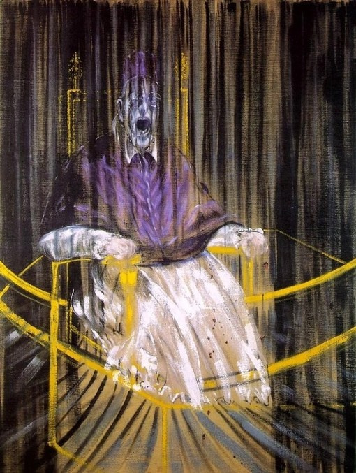 Francis Bacon’s Study after Velázquez’s Portrait of Pope Innocent X (1953) is a haunting reinterpretation of Diego Velázquez’s 1650 portrait of Pope Innocent X. Bacon transforms the original's composed authority into a visceral depiction of anguish and isolation. Psychological and Personal ContextBacon's portrayal reflects his complex relationship with authority and personal trauma. The Pope, a symbol of supreme power, is depicted as vulnerable and tormented, possibly mirroring Bacon's own experiences with violence and oppressive figures in his life. The painting also coincides with the end of Bacon's tumultuous relationship with Peter Lacy, which may have influenced the darker tones and themes of isolation in his work during this period.​