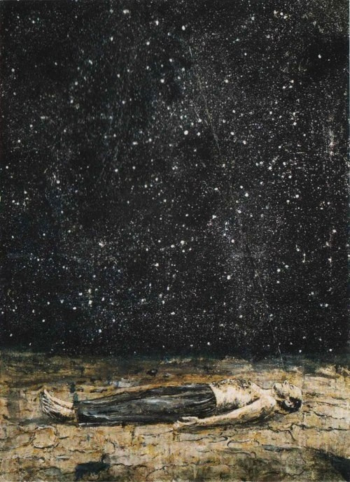 Ансельм Кифер, серия Sterne: огромные картины со свинцовыми книгами, пеплом и названиями давно погасших звёзд на тёмном небе, воплощение времени как исторической травмы