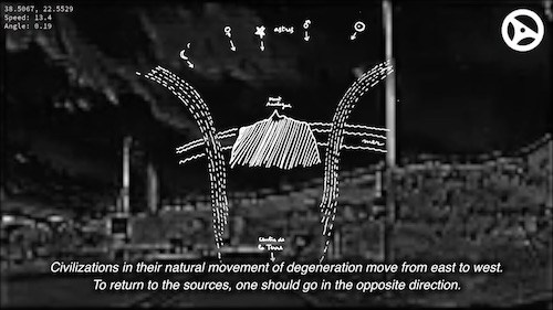 Кадр из видео "Gradient Ascent" (2017) художника Джеймса Брайдла: беспилотный автомобиль поднимается на гору Парнас в Греции — мифологическую родину муз и символ знаний. Работа исследует связь искусственного интеллекта, технологий и мифологии, вдохновлена сюрреалистическим романом Рене Домаля "Гора Аналог" (1952). Цифровое видео, одноканальная проекция, 12 минут. 