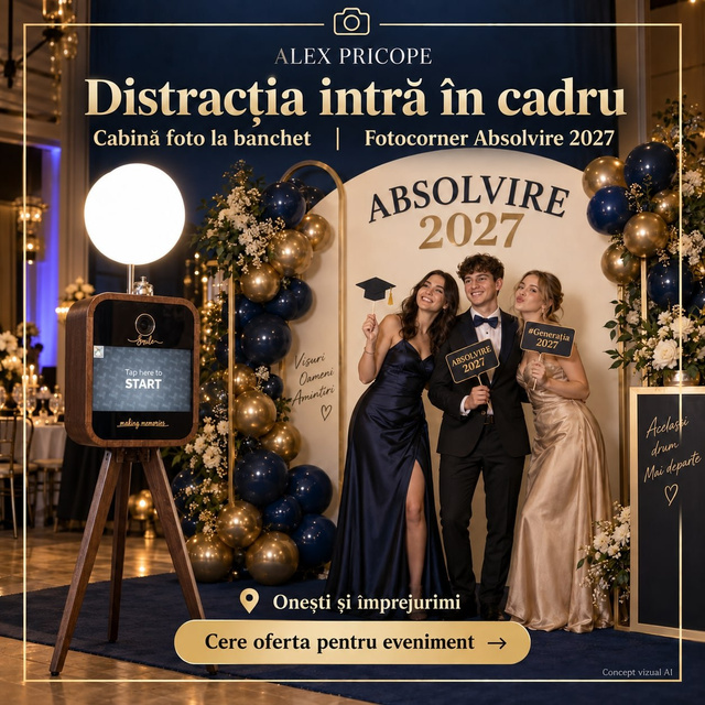 Concept vizual cu cabina foto din lemn pe trepied si fotocorner de absolvire 2027