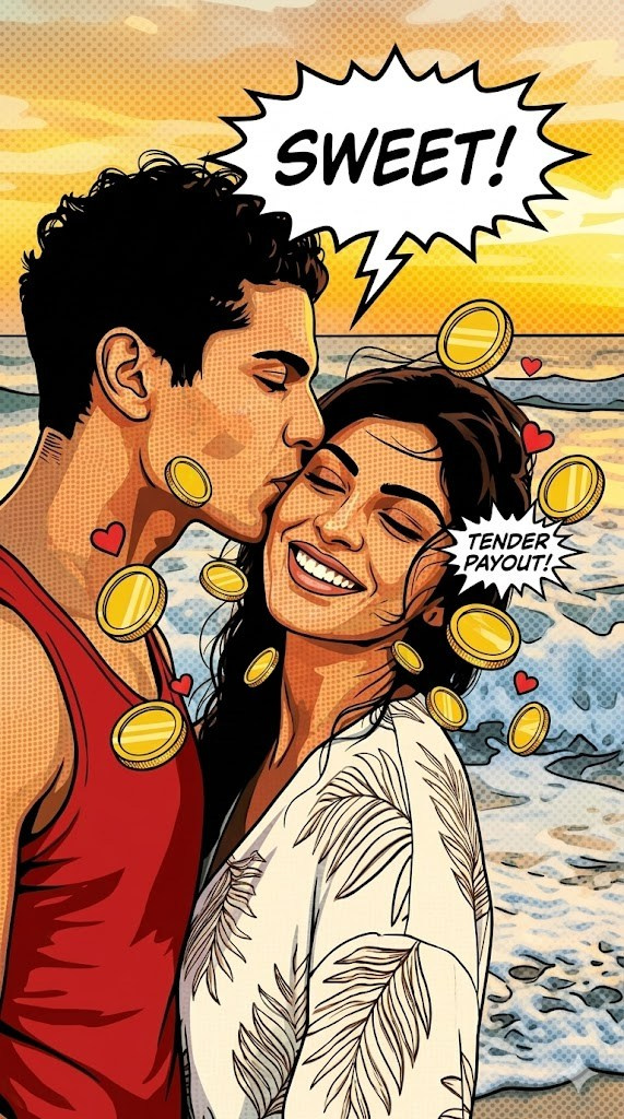 A vibrant pop-art illustration of a couple kissing on a beach at sunset, with gold coins and hearts flying around them, comic bubbles with texts 'SWEET!' and 'TENDER PAYOUT!'.