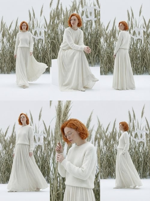 redhead fashion model in white dress minimalist fashion editorial lookbook collage photography