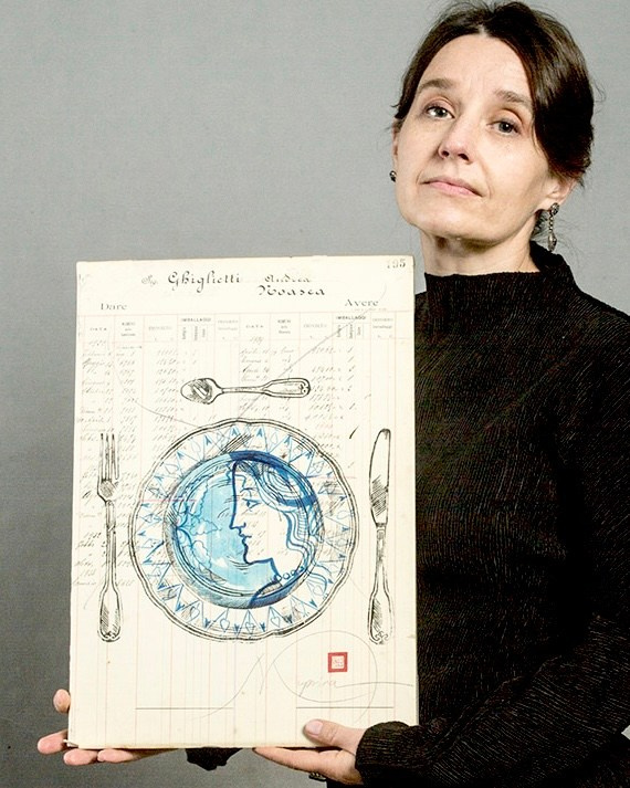 Nr. 195 PANEM QUOTIDIANUM. 29.5 cm  x 43 cm Linoleografia stampata a mano su pagina di un registro di un’azienda vinicola del 1920. Inchiostro acrilico. Foto di Mark Edward Smith. 