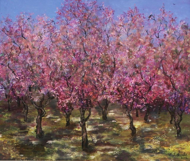 "Blooming peach trees". 2012. Tashkent. Uzbekistan. Canvas, acrylic. 100-120cm.  Privet collection.