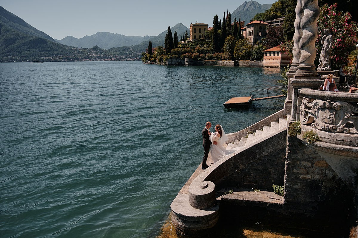 Villa Monastero Varenna wedding — botanical terraced gardens descending to Lake Como, eastern shore