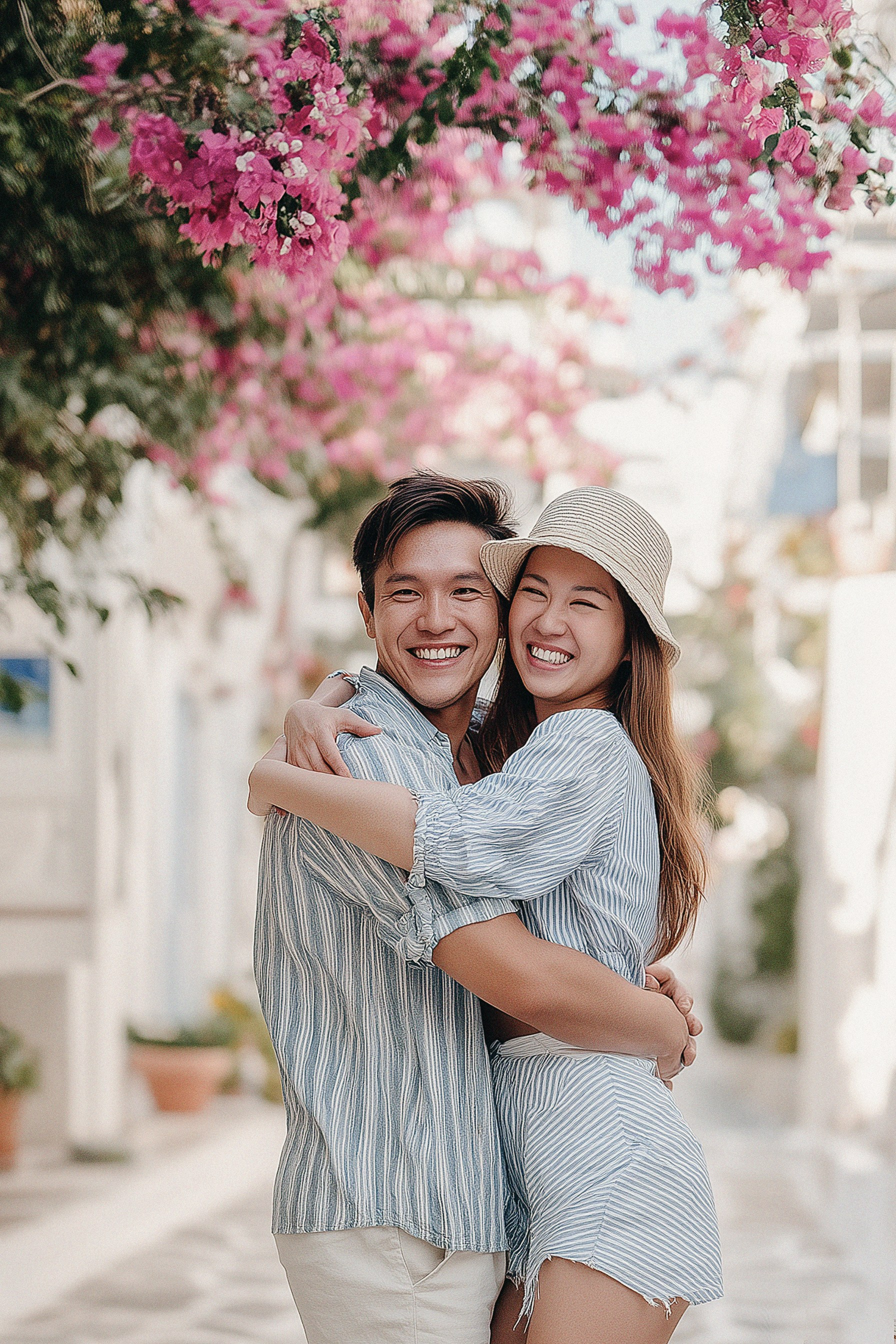 A joyful couple hugging and smiling under blooming bougainvillea in a sunlit alley of Ostuni.