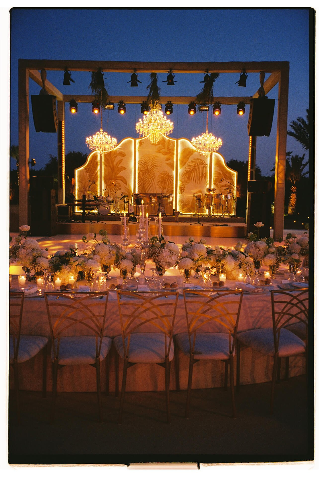 Reception setup with chandeliers during Lake Como destination wedding