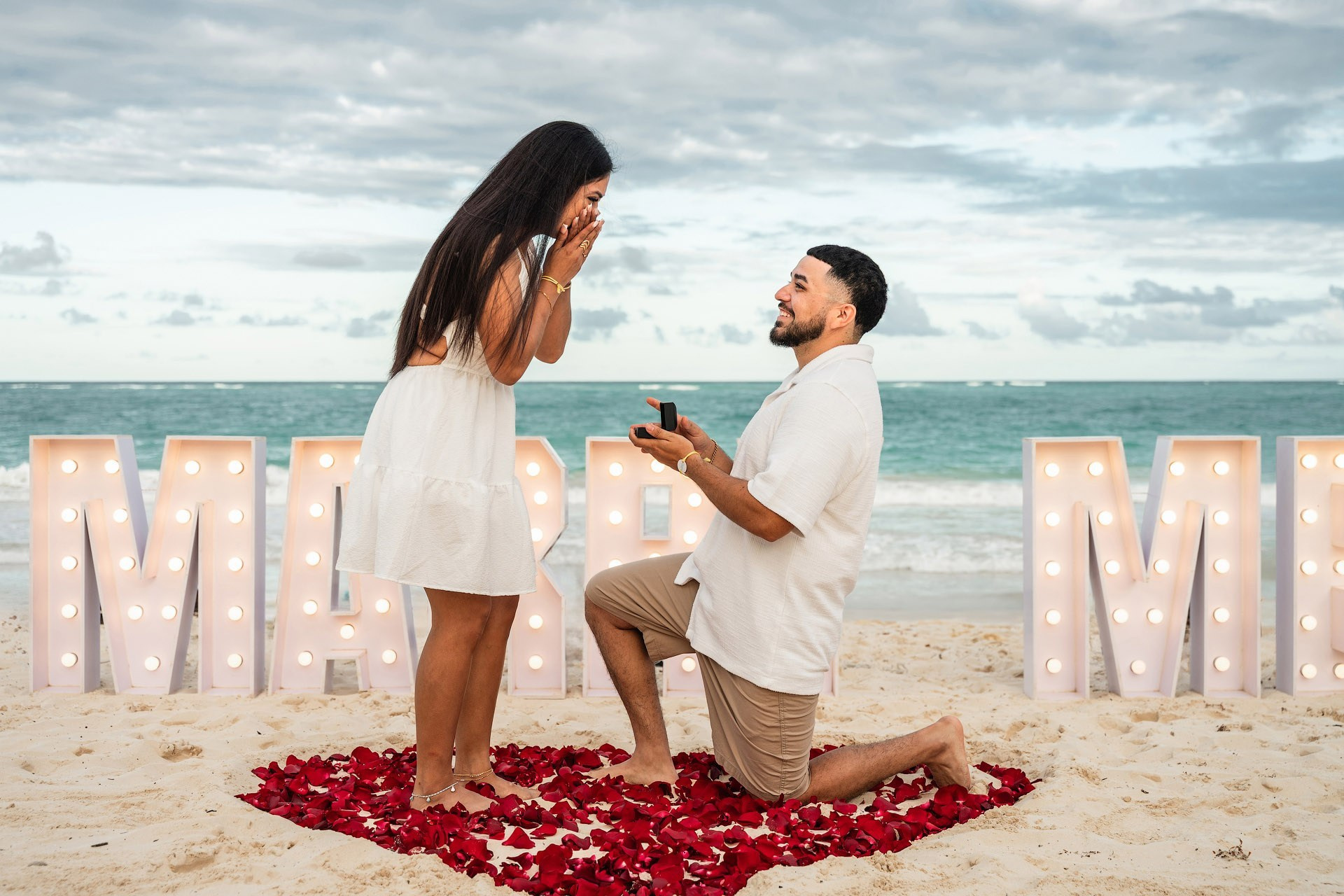 “Marry Me” Letters Proposal in Punta Cana — Classic Beach Setup