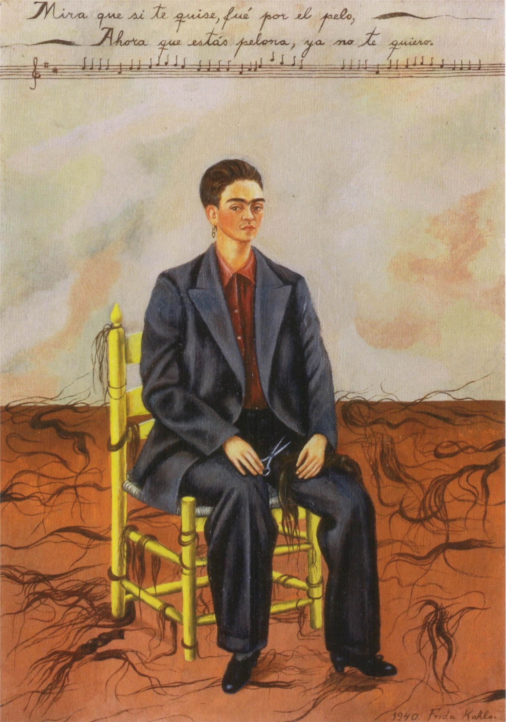Frida Kahlo’s Self-Portrait with Cropped Hair (1940) is a powerful declaration of autonomy, identity, and defiance. Painted shortly after her divorce from Diego Rivera, the work marks a significant departure from her earlier self-portraits, both in style and symbolism.​