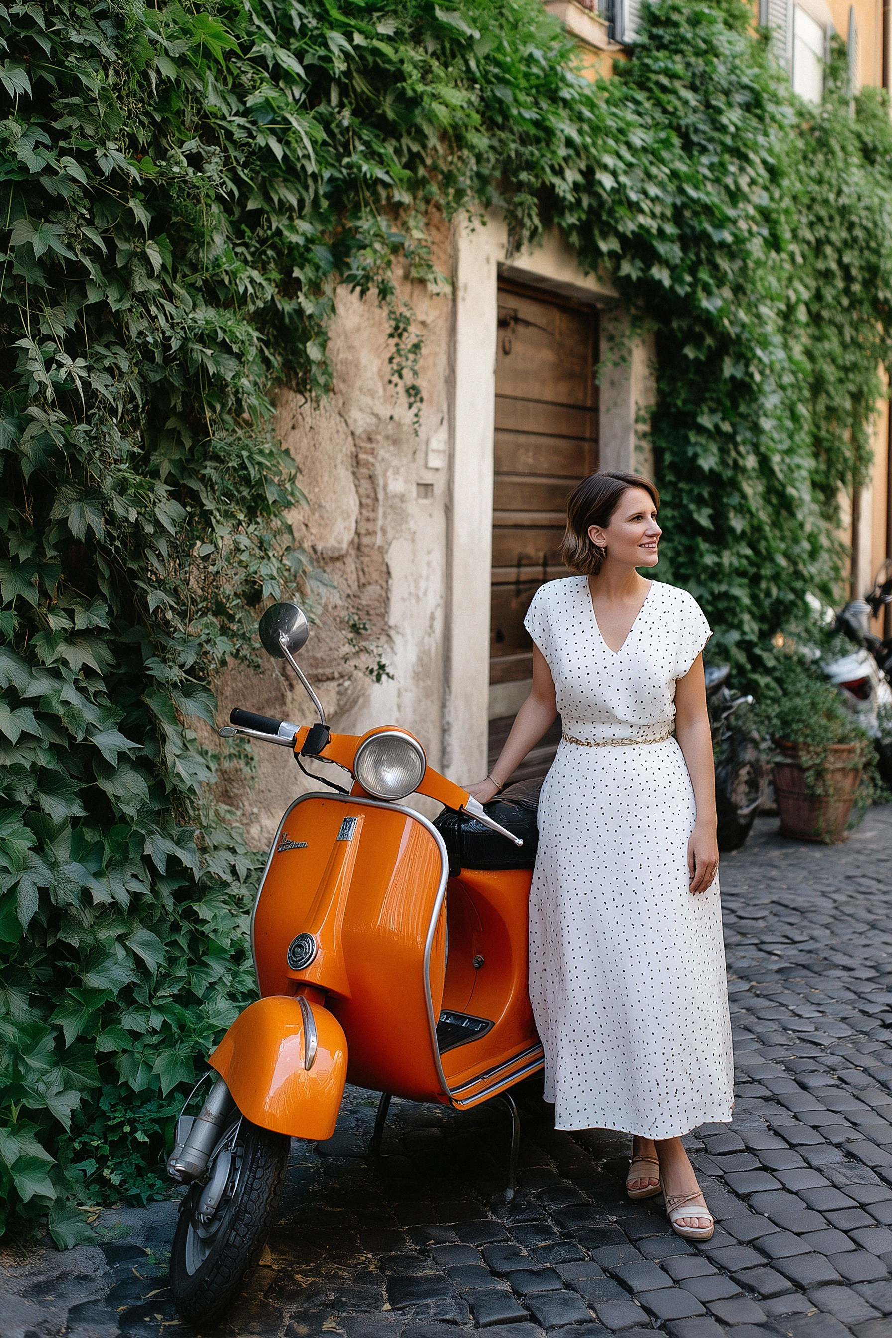 A woman in a white polka-dot dress stands next to a vintage orange Vespa on a cobbled Roman street covered in ivy.