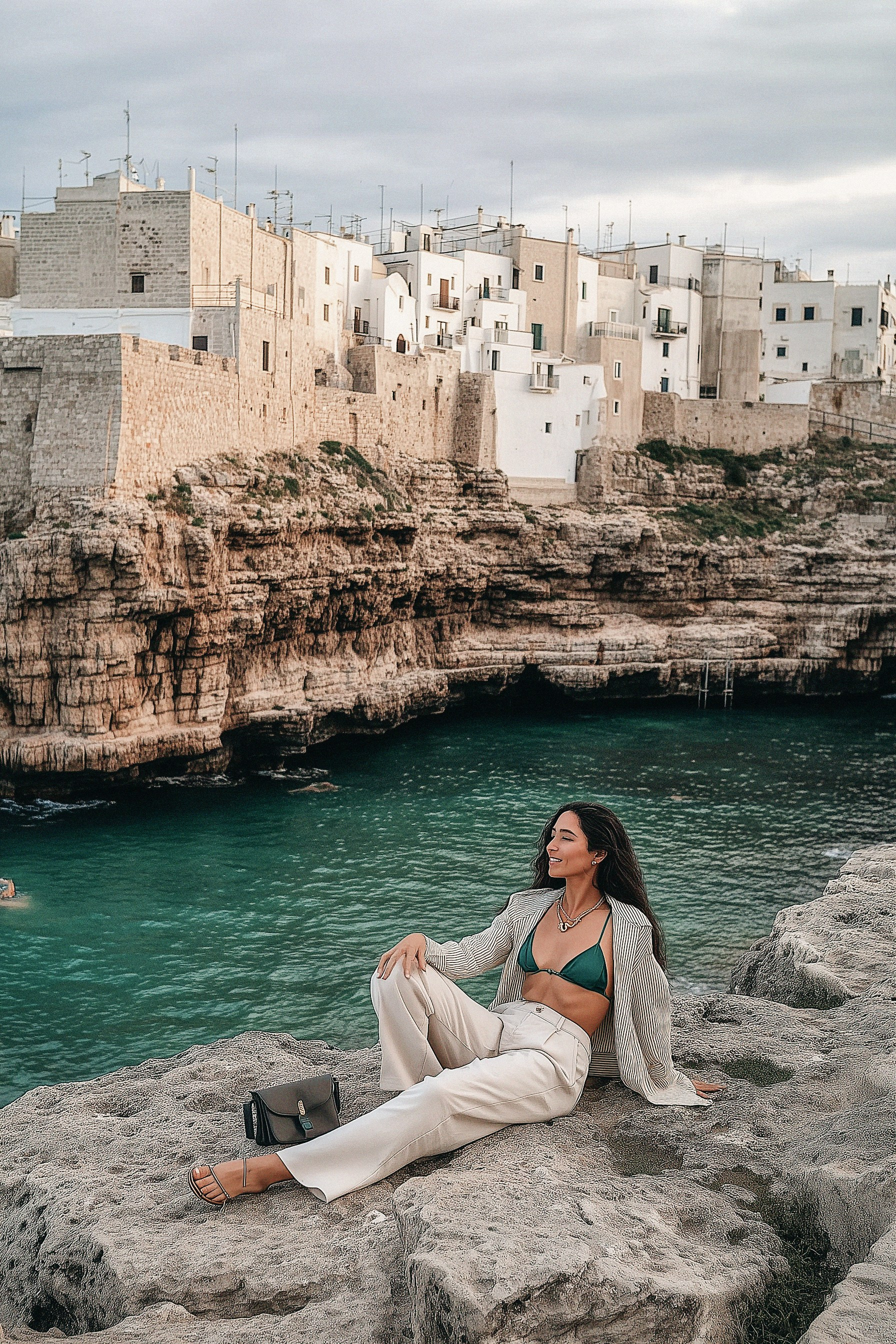  A young woman sits on rocks by the emerald sea, with Polignano a Mare’s white buildings behind her. The moment feels calm and free.