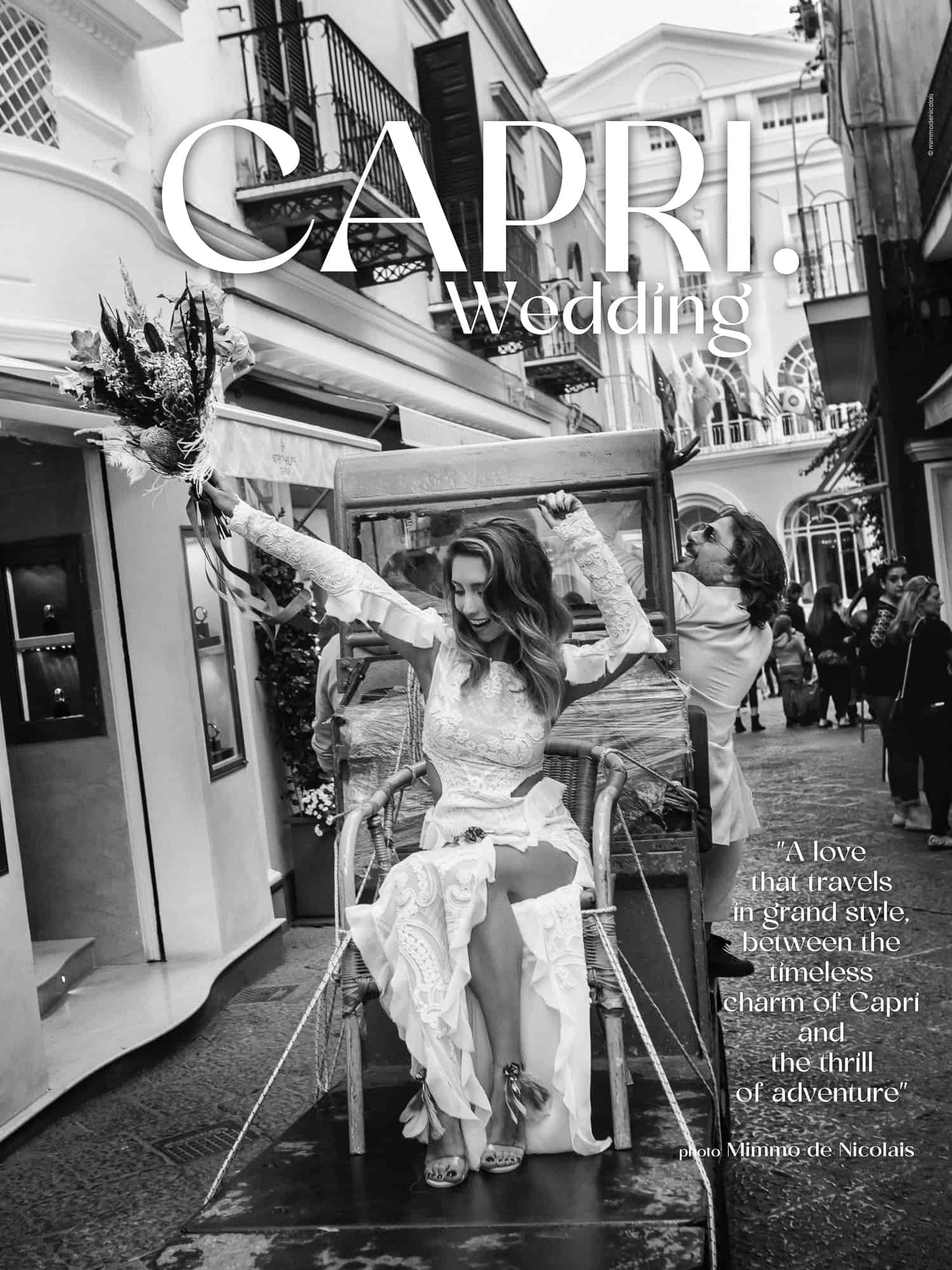 Italy destination wedding Capri photographer Mimmo De Nicolais: adventurous and Joyful newlyweds celebrating their wedding day explore the Isle of Capri on a unique wedding cart. Unforgettable Journey