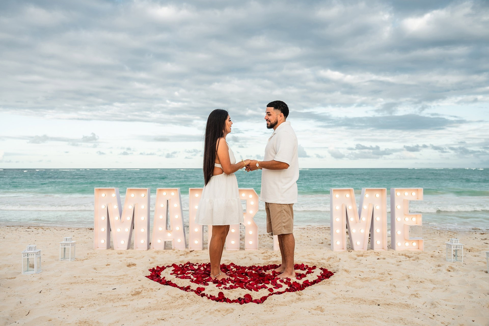 “Marry Me” Letters Proposal in Punta Cana — Classic Beach Setup