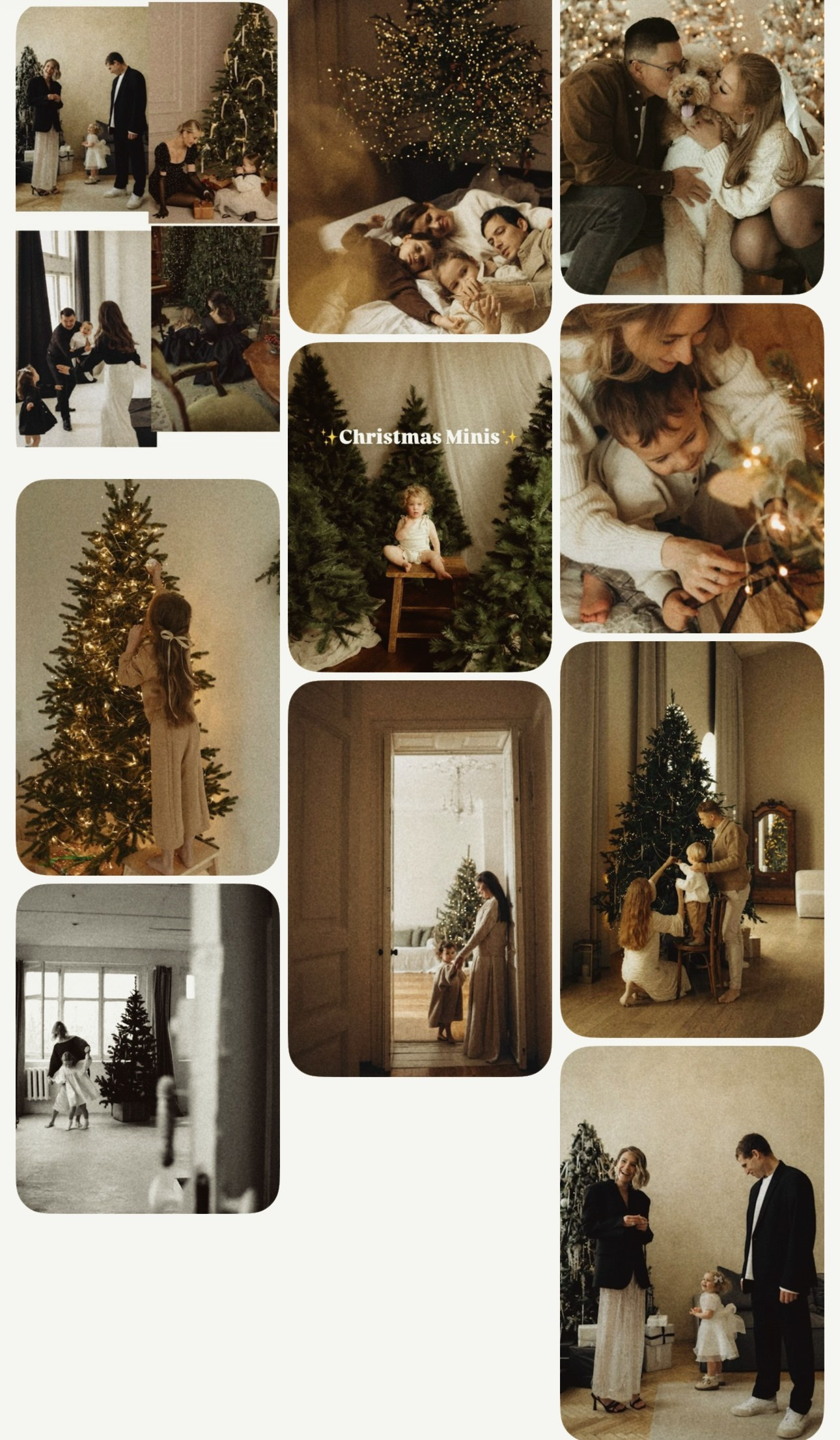 Holiday photoshoot moodboard with ideas for family portraits, kids poses, and studio Christmas setup
