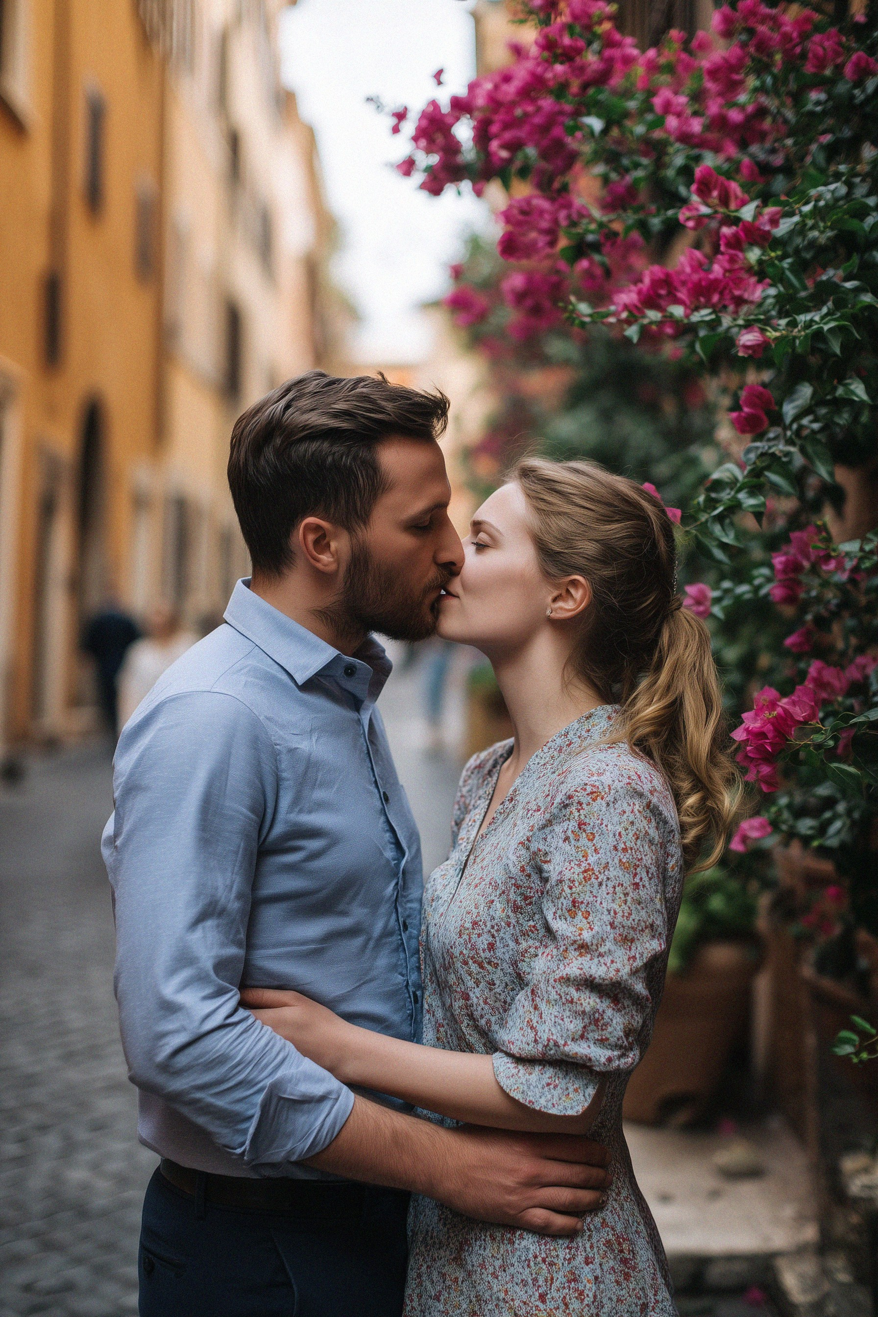 A young couple kisses tenderly in a flower-lined alley in Rome, surrounded by colorful walls and blooming vines.