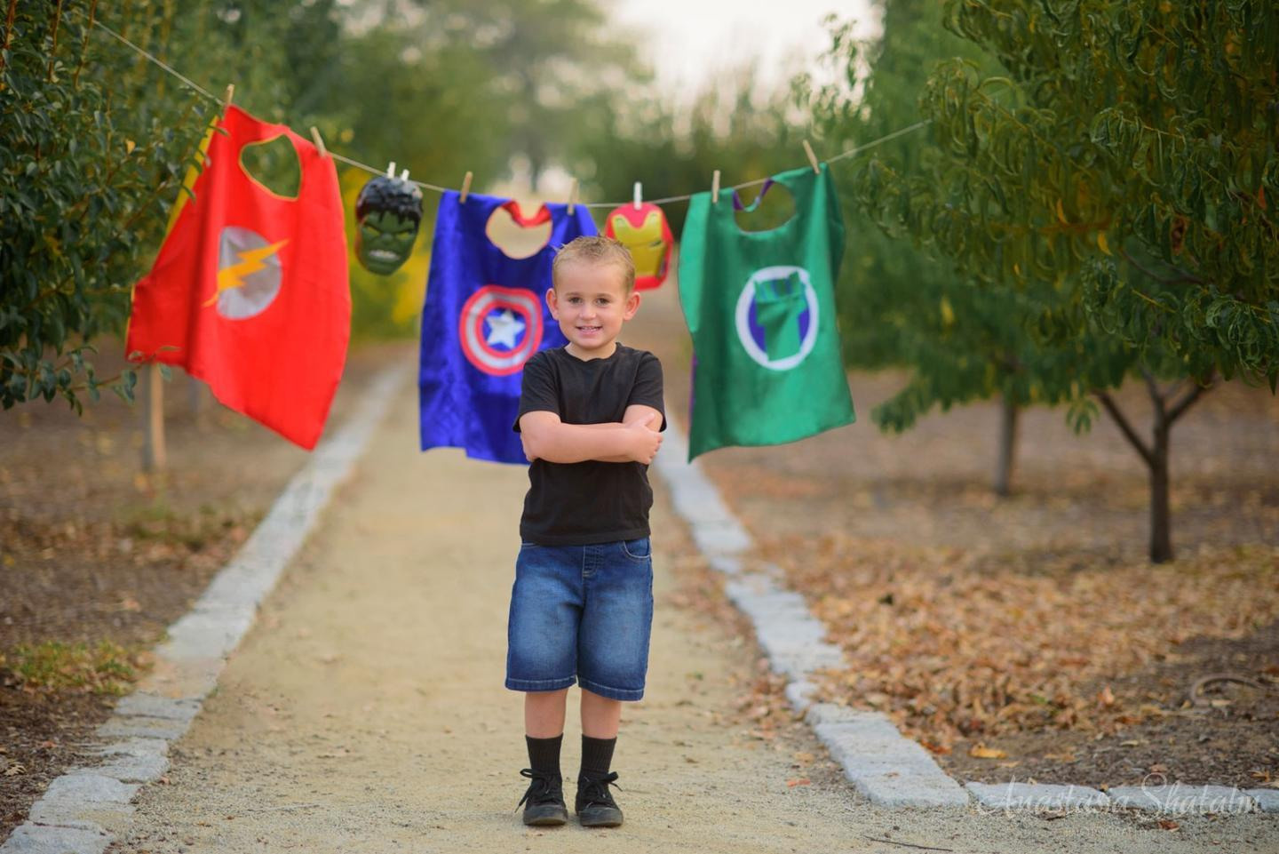 Superheroes boy birthday photo ideas. Family photographer in Roseville, Rocklin, Folsom, Sacramento