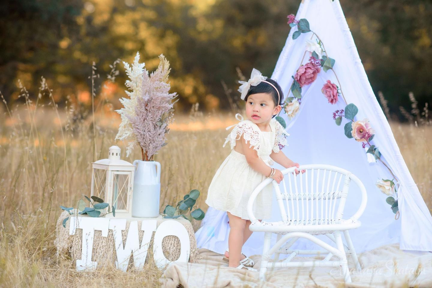 Second 2nd birthday girl photo shoot Boho. Family photographer in Roseville, Rocklin, Folsom, Sacramento