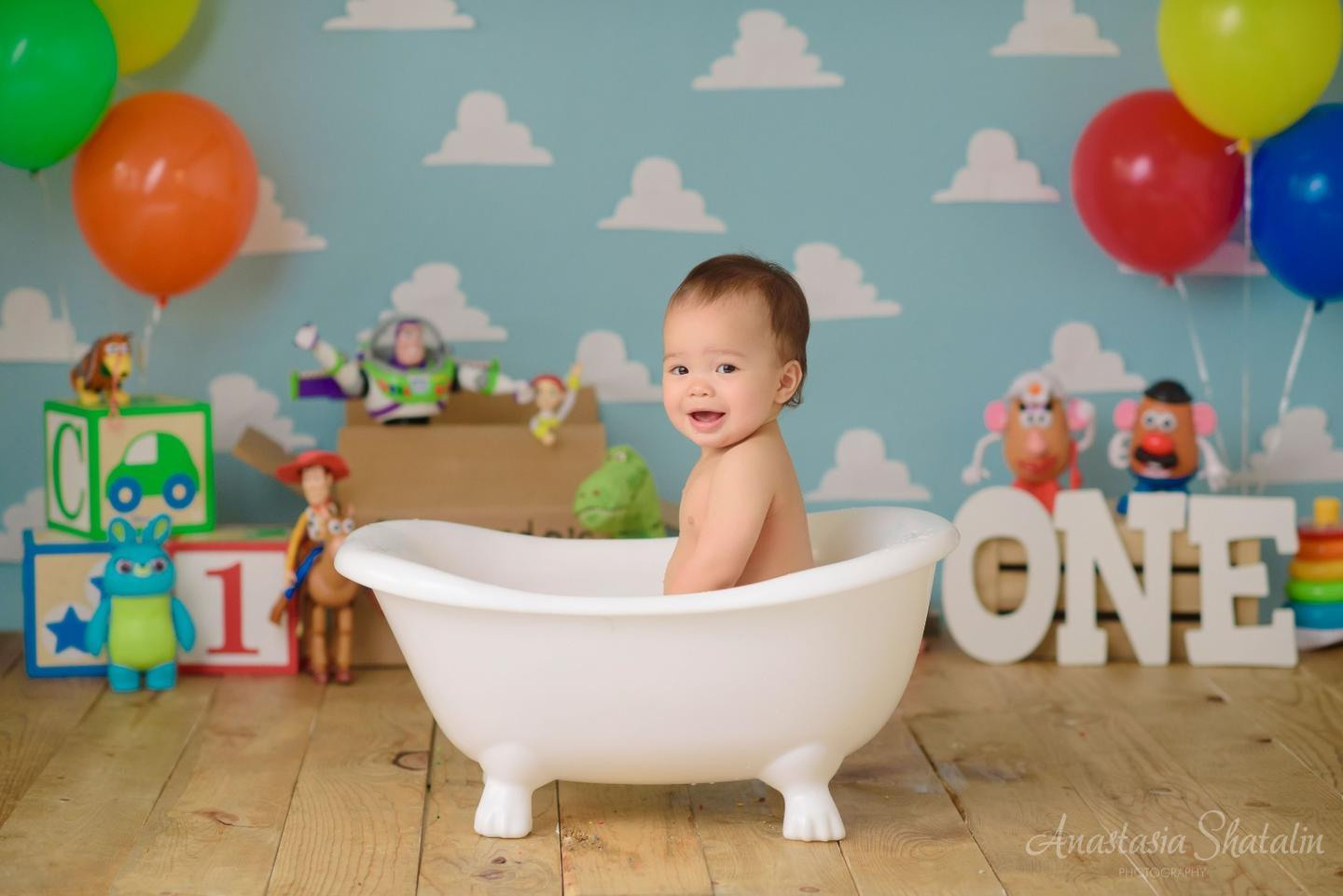 Toy story cake smash first Birthday photoshoot. Family photographer in Roseville, Rocklin, Folsom, Sacramento
